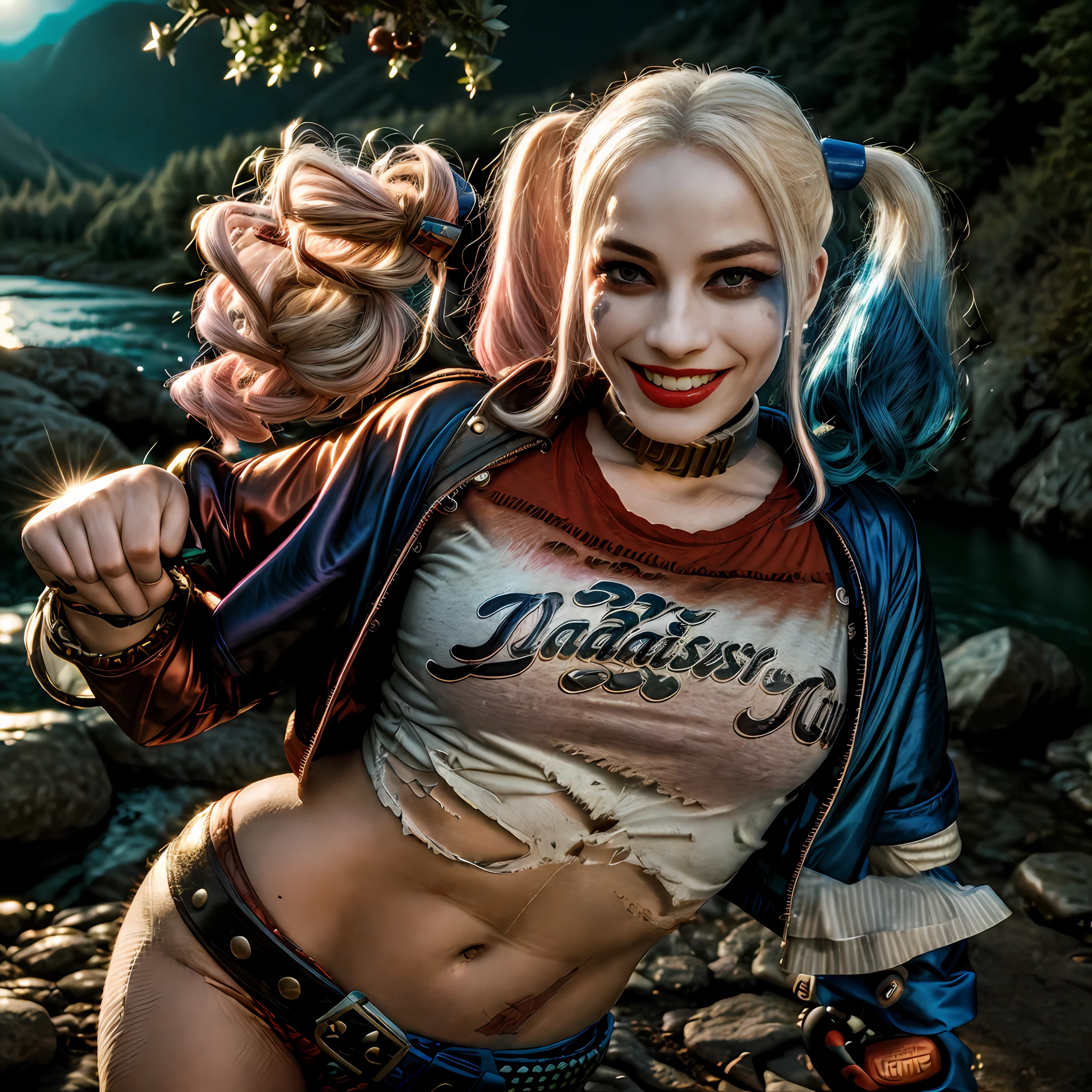 1girl, harleyquinn, twintails, multicolored hair, ((upper body selfie, happy)), masterpiece, best quality, ultra-detailed, solo, outdoors, (night), mountains, nature, (stars, moon) cheerful, happy, mountain boots, gloves, flashlight, forest, rocks, river, wood, smoke, shadows, contrast, clear sky, analog style, (look at viewer:1.2), (skin texture), (film grain:1.3), (warm hue, warm tone :1.2), close up, cinematic light, sidelighting, ultra high res, best shadow, RAW, upper body, wearing pullover