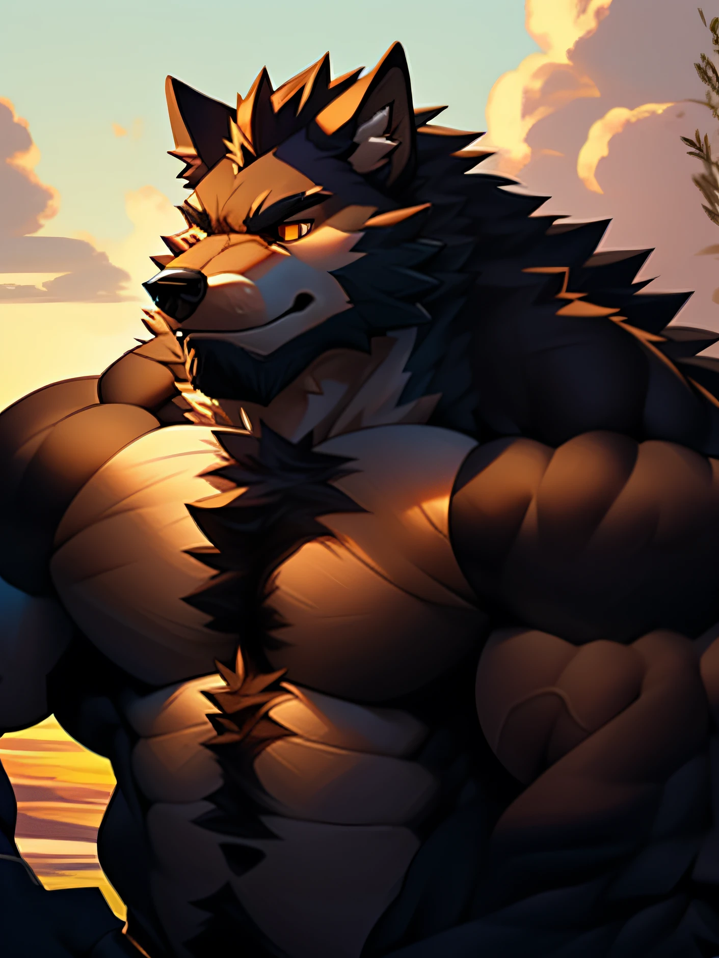 Close-up of a wolf man, muscular werewolf, muscular character, anthropomorphic wolf male, Super buff and cool, furry wolf, Sexy werewolf, hairy chest, strong and imposing, muscular features, an anthro wolf, fluffy chest, powerful and huge, anthropomorphic wolf, Muscular body type, Furry character