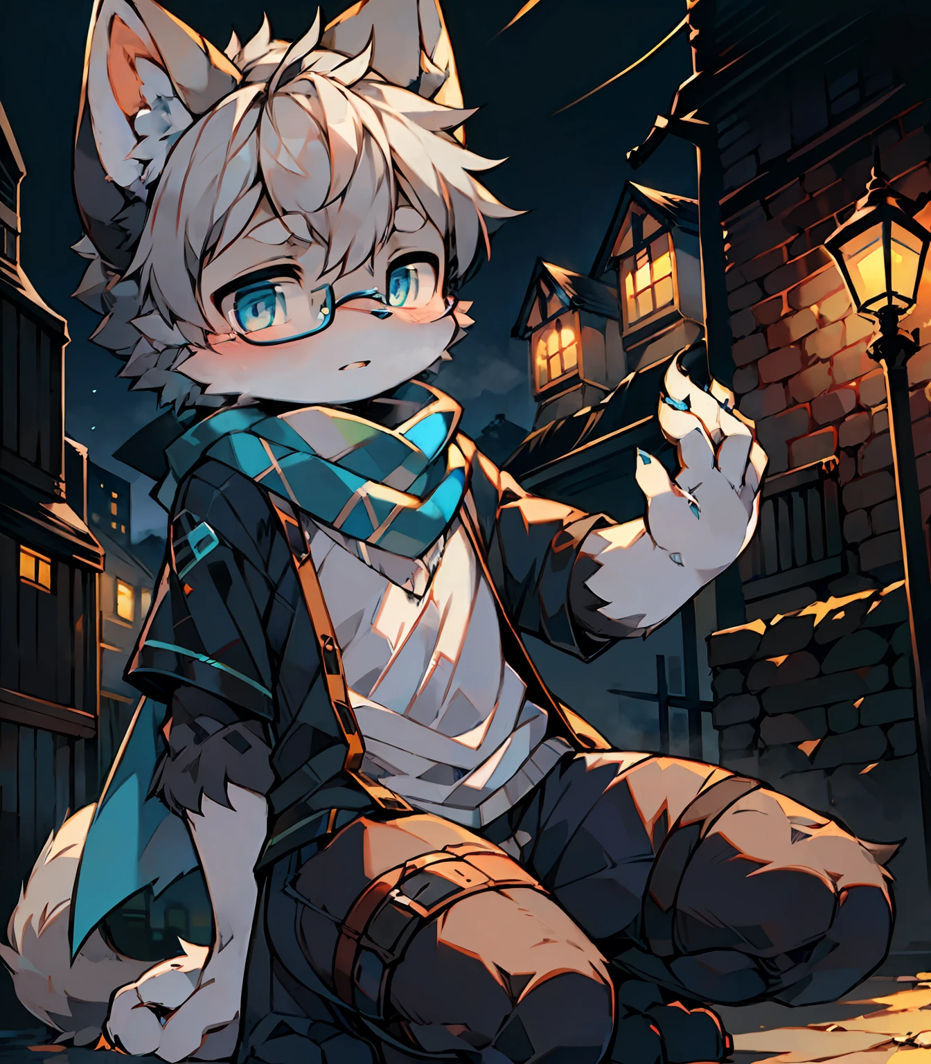 Highest image quality，Delicate painting style，Delicate hook lines，tmasterpiece，Fine fine skin，Delicate hair，Complete painting，A masterpiece，Delicate hands，finely-detailed eyes，Normal eyes，Gray cat ears，furry，Gray hair，Black-framed round glasses，eBlue eyes，adolable，Handsome，（（White scarf）），Cat style，Shota， Blue pupil, city night scene, Gray hair, By bangs，Dappled light and shadow, short detailed hair，ember，There are bright eyes of God, 城市，Battle damage wind，on one knee，Outfit in black