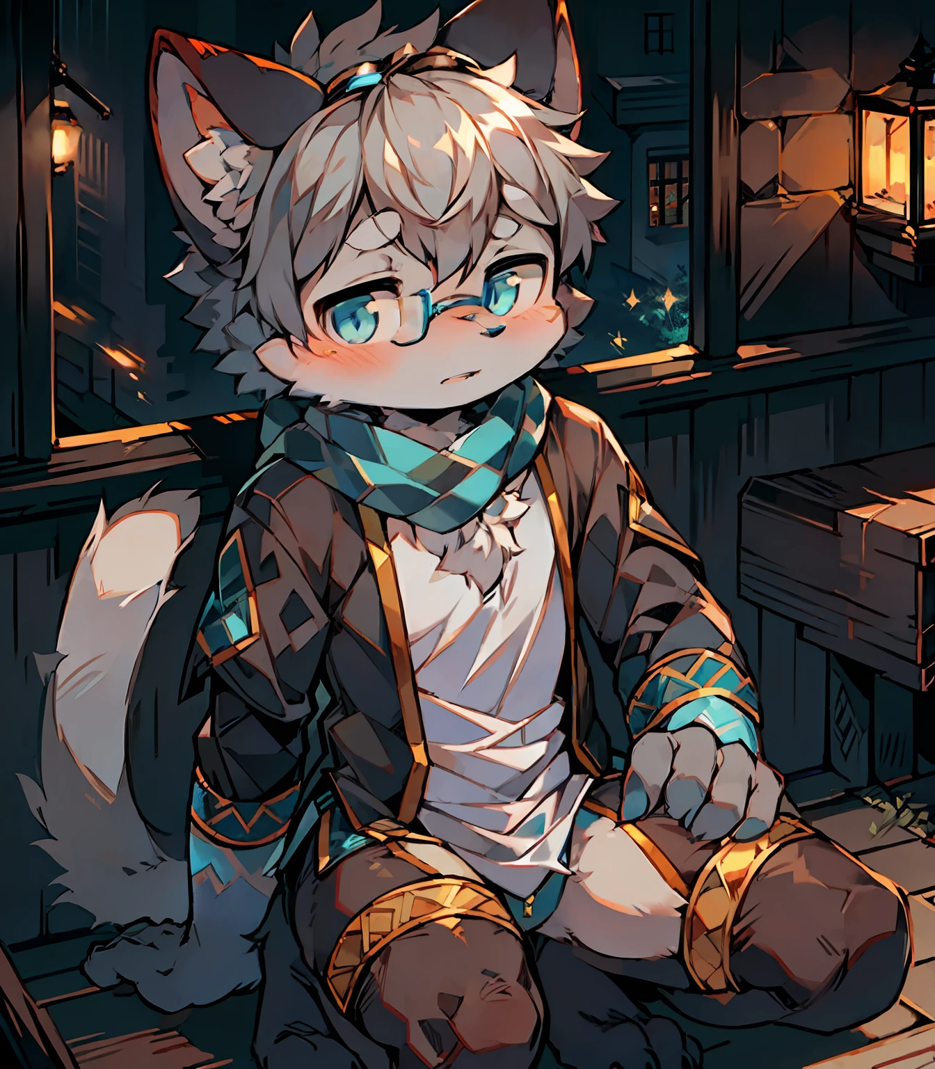 Highest image quality，Delicate painting style，Delicate hook lines，tmasterpiece，Fine fine skin，Delicate hair，Complete painting，A masterpiece，Delicate hands，finely-detailed eyes，Normal eyes，Gray cat ears，furry，Gray hair，Black-framed round glasses，eBlue eyes，adolable，Handsome，（（White scarf）），Cat style，Shota， Blue pupil, city night scene, Gray hair, By bangs，Dappled light and shadow, short detailed hair，ember，There are bright eyes of God, 城市，Battle damage wind，on one knee，Outfit in black
