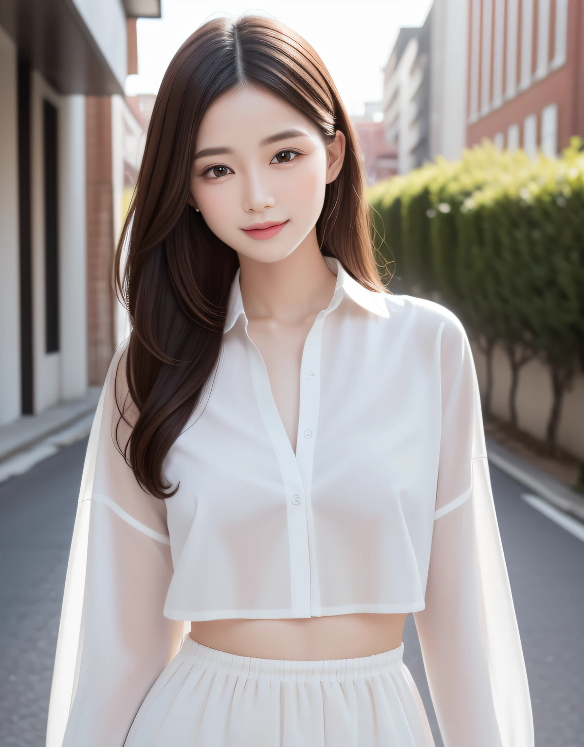 best quality, white skin, real human skin, (detailed fac), oval face, pores, ultra high res, (8k, RAW photo, photorealistic:1.4), 1girl, slim, (looking at viewer with a serene and goddess-like happiness:1.2), ( lipgloss, eyelashes, gloss-face, best quality, ultra highres, Broad lighting, natural shading), oversized jacket, fashion shirt,  cityscape,