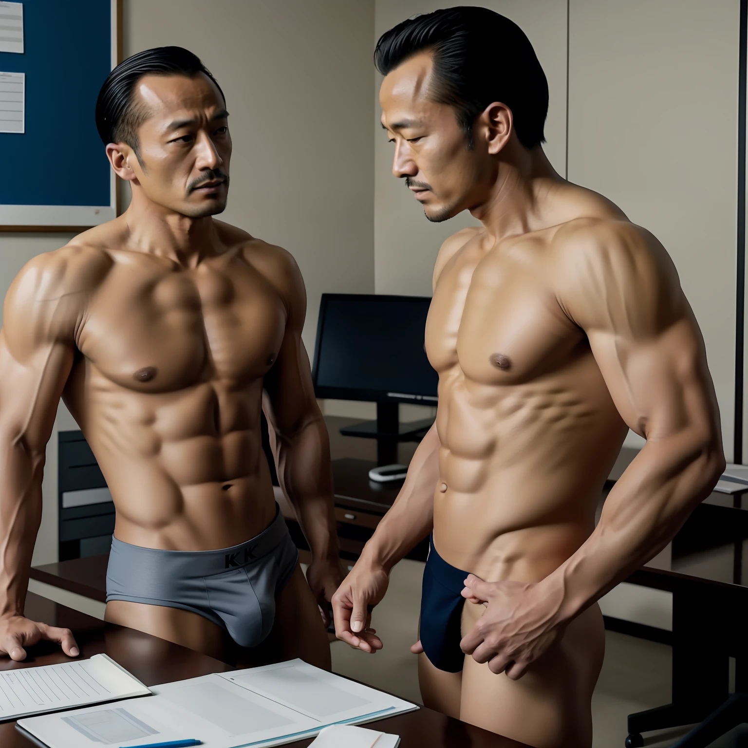 45 yers old,Hidetoshi Nakata,(Kogoro Mouri 1.3),Shirtless,Tong,Bulge,office room,black long socks,Thin,musculature,lbeard,fortitude,artwork of a,tmasterpiece,k hd,two guys,puss