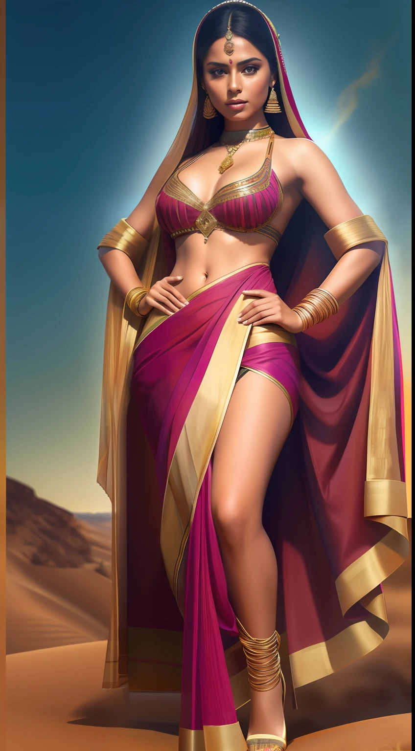 create Mariana Davalos in Full body photography of the most beautiful artwork in the world, a beautiful woman in intricate costume burning in the desert, Indian saree, ArtStation, CGSociety, complex, high detail, clear focus, dramatic, realistic pictorial art trends Greg Rutkovsky
