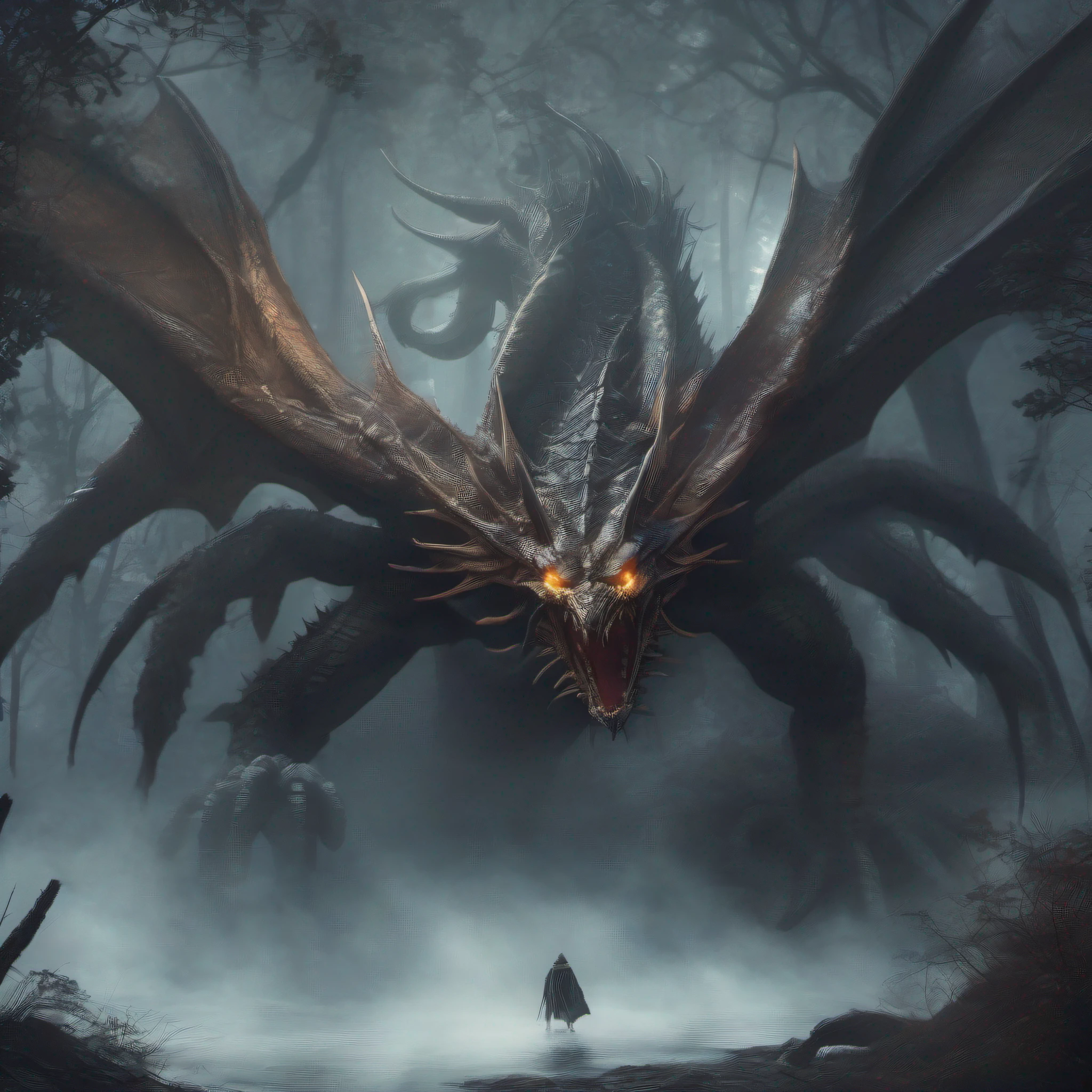 a giant monster hybrid of dragon and spider, in dark dense foggy forest