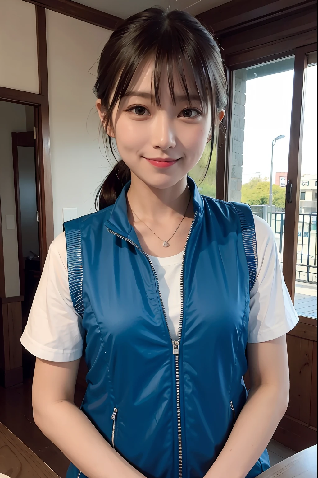 (((Long))), top-quality, 8K, HDR, Hi-Res, absurderes:1.2, a picture, (RAW Photography:1.2), (Photorealsitic:1.4), (​masterpiece:1.3), (intricate detailes:1.2), 1girl in, 独奏, a japanese girl, Delicate and beautiful details, (A detailed eye), (detailed facial features), 小柄, (((tiny chest))), tonned skin, (looking_at_viewer), from_front, (skiny), (top-quality:1.4), (超A high resolution:1.2), cinematric light, (Extreme detailed illustration), (lipgloss、top-quality、超A high resolution、depth of fields、Caustics、Broadlighting、Natural Shading、85mm、f / 1.4、ISO 200、1 / 160 seconds:0.75)、1girl in、独奏、((Blue Vest)))a smile、Tennis Wear、a necklace、fashionable cafe:1.3、Tennis Wear、乃木坂アイドル、hposing Gravure Idol、Beautie、tennis coat