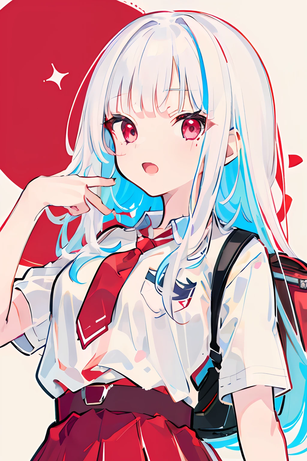 1girl, straight-on, upper body, solo, open mouth, white shirt, tight shirt, red skirt, red necktie, holding backpack, red cheeks, school, 7  girl, (iwanagadress:1.2), (iwanagakotoko:0.9), lineart,  outdoor,