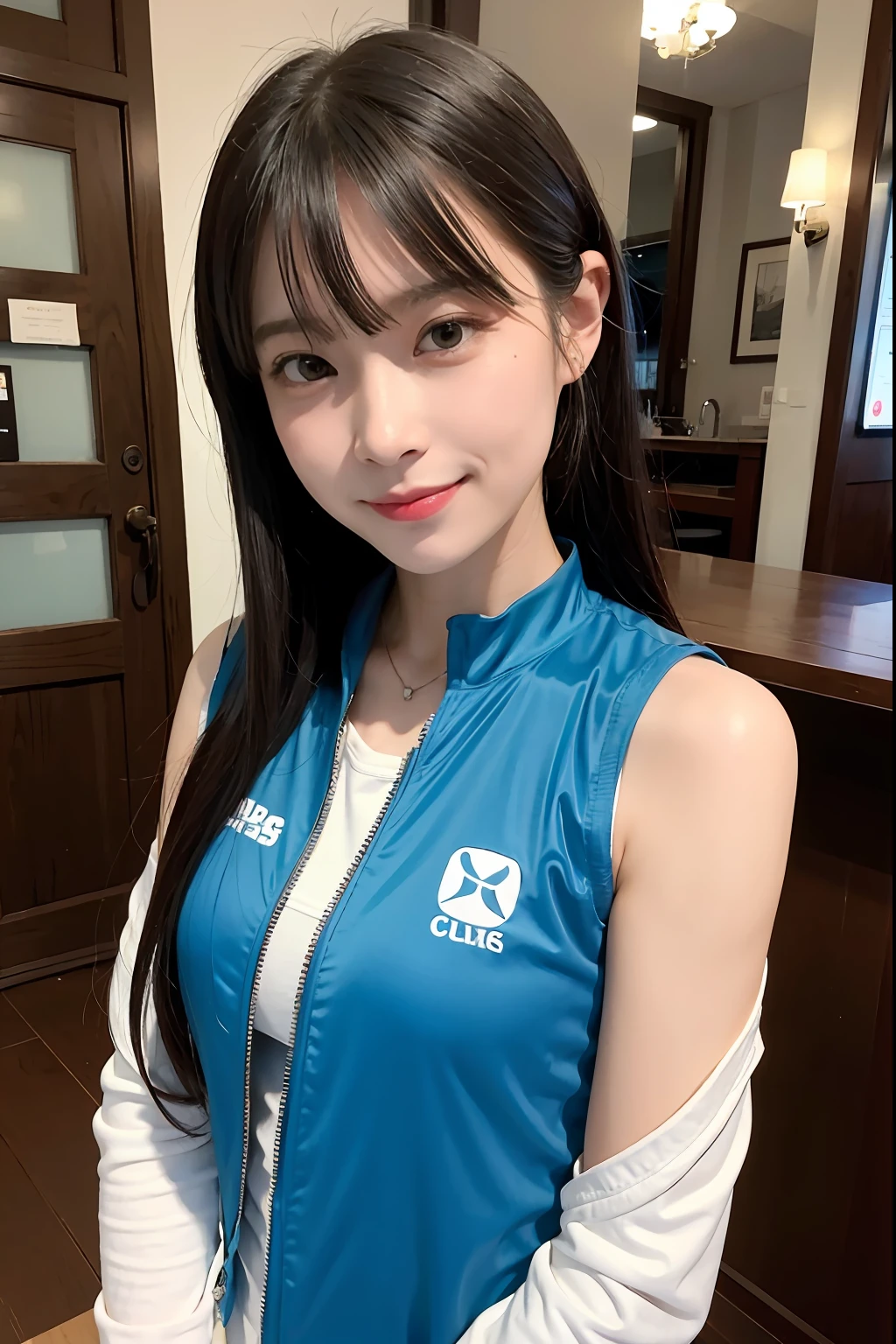 (((Long))), top-quality, 8K, HDR, Hi-Res, absurderes:1.2, a picture, (RAW Photography:1.2), (Photorealsitic:1.4), (masterpiece:1.3), (intricate detailes:1.2), 1girl in, 独奏, a japanese girl, Delicate and beautiful details, (A detailed eye), (detailed facial features), 小柄, (((tiny chest))), tonned skin, (looking_at_viewer), from_front, (skiny), (top-quality:1.4), (超A high resolution:1.2), cinematric light, (Extreme detailed illustration), (lipgloss、top-quality、超A high resolution、depth of fields、Caustics、Broadlighting、Natural Shading、85mm、f / 1.4、ISO 200、1 / 160 seconds:0.75)、1girl in、独奏、((Blue Vest)))a smile、Tennis Wear、a necklace、fashionable cafe:1.3、Tennis Wear、乃木坂アイドル、hposing Gravure Idol、Beautie、tennis coat