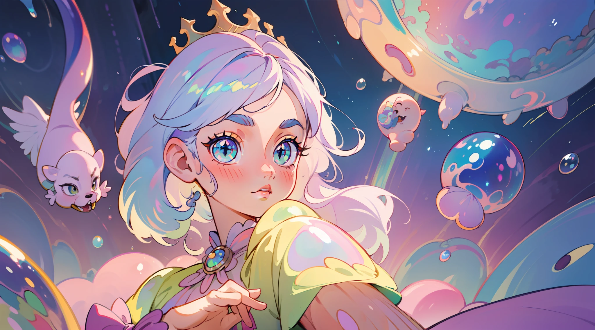 masterpiece, best quality, 8k resolution, sharp focus, intricate detail, beautiful girl, sparkling eyes, golden ratio face, otherworldly liquid, watercolor, ((pastel colors)), bright colors, whimsical, colorful, sharp focus, high resolution, fine detail, princess fantasy ballgown, ((round eyes)), iridescent bubbles, castle landscape in background