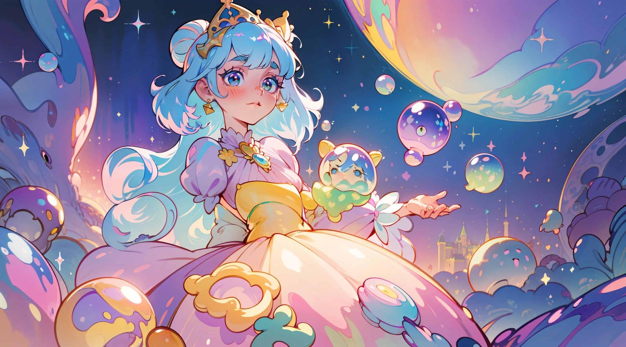 masterpiece, best quality, 8k resolution, sharp focus, intricate detail, beautiful girl, sparkling eyes, golden ratio face, otherworldly liquid, watercolor, ((pastel colors)), bright colors, whimsical, colorful, sharp focus, high resolution, fine detail, princess fantasy ballgown, ((round eyes)), iridescent bubbles, castle landscape in background