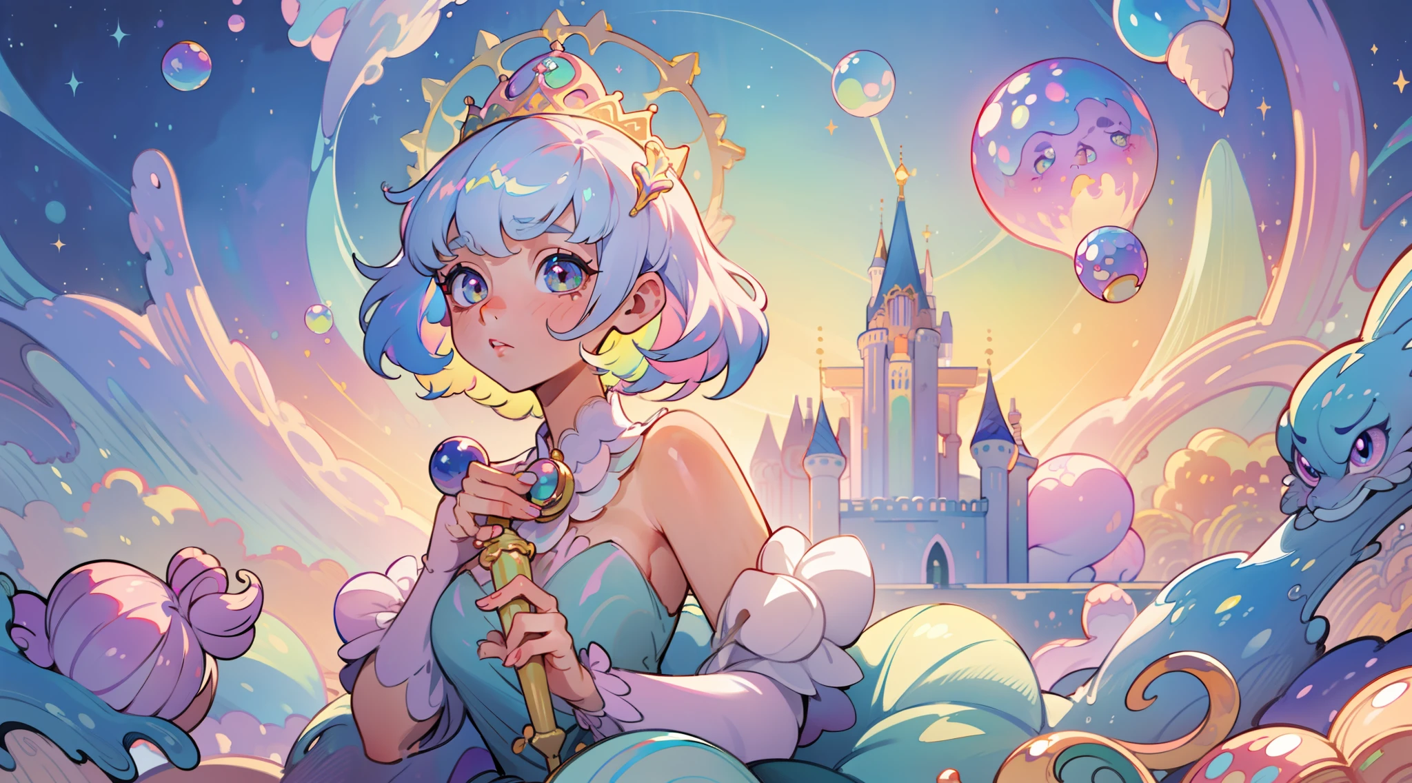 masterpiece, best quality, 8k resolution, sharp focus, intricate detail, beautiful girl, sparkling eyes, golden ratio face, otherworldly liquid, watercolor, ((pastel colors)), bright colors, whimsical, colorful, sharp focus, high resolution, fine detail, princess fantasy ballgown, ((round eyes)), iridescent bubbles, castle landscape in background
