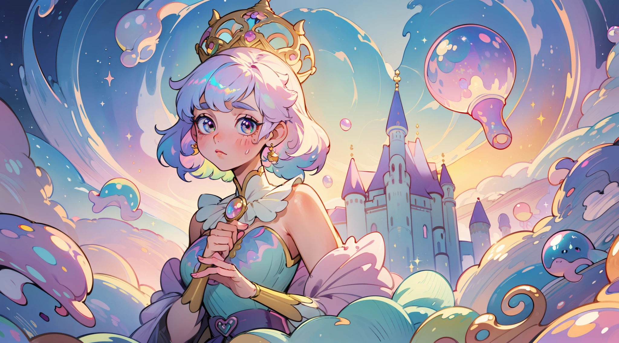 masterpiece, best quality, 8k resolution, sharp focus, intricate detail, beautiful girl, sparkling eyes, golden ratio face, otherworldly liquid, watercolor, ((pastel colors)), bright colors, whimsical, colorful, sharp focus, high resolution, fine detail, princess fantasy ballgown, ((round eyes)), iridescent bubbles, castle landscape in background