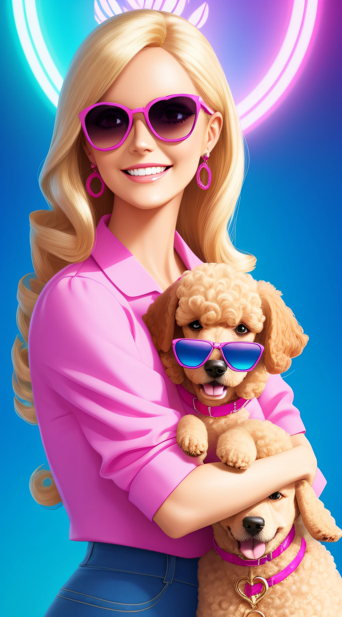 digital illustration, a happy woman with blond hair, sunglasses on her forehead, holding a poodle dog, dressed in pink, darkened, blue eyes lit up, smiling, open framing, full body. barbie style, details on clothes. angelic beauty.