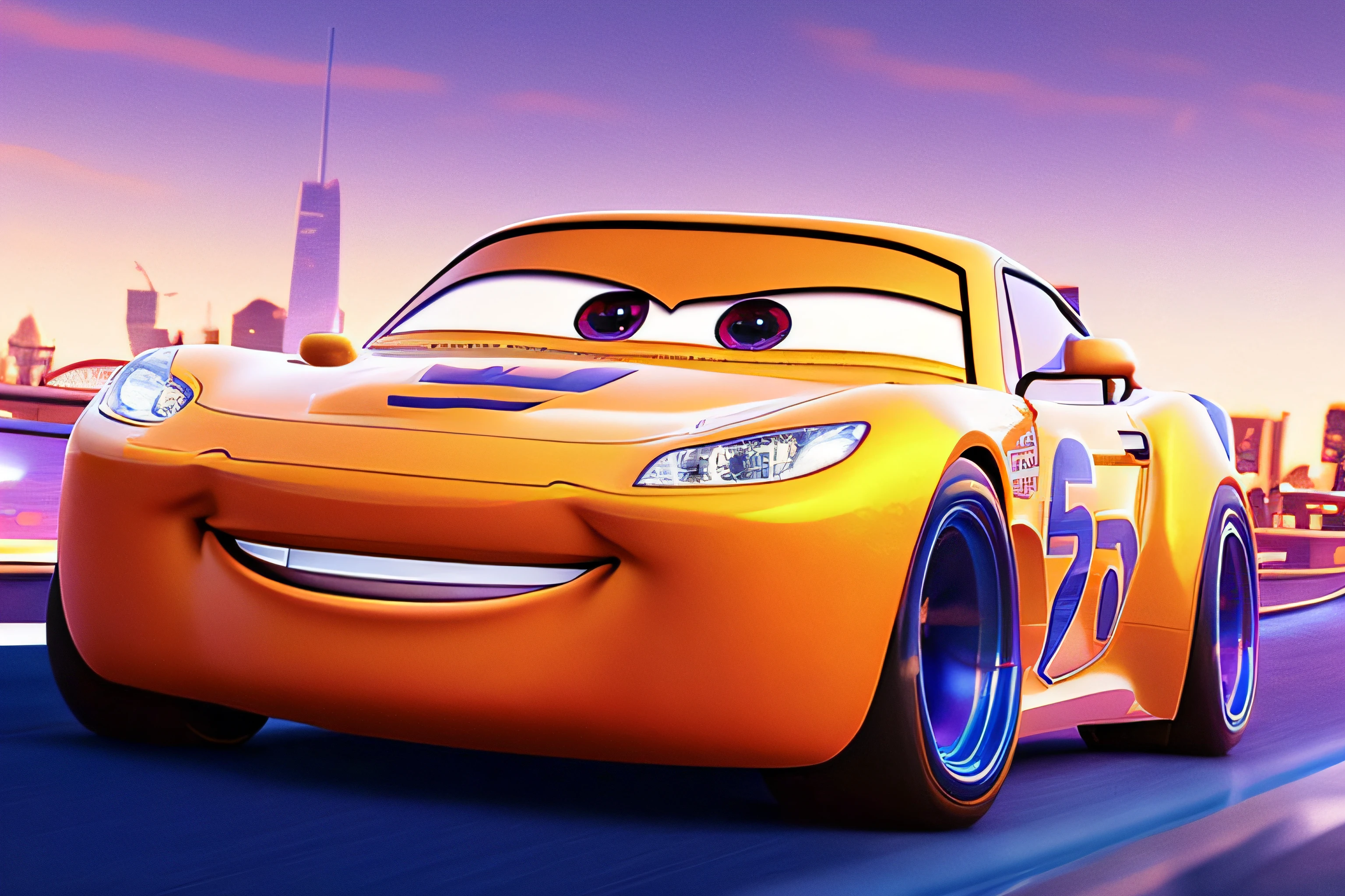 cars are driving on a track with a city in the background, cars pixar movie style, pixar cars movie style, disney pixar movie still, depicted as a pixar character, disney pixar movie, animated film, pixar character, ideal pixar character, disney pixar, animated movie, still from a pixar movie, still from pixar movie, pixar movie still, frame from pixar movie
