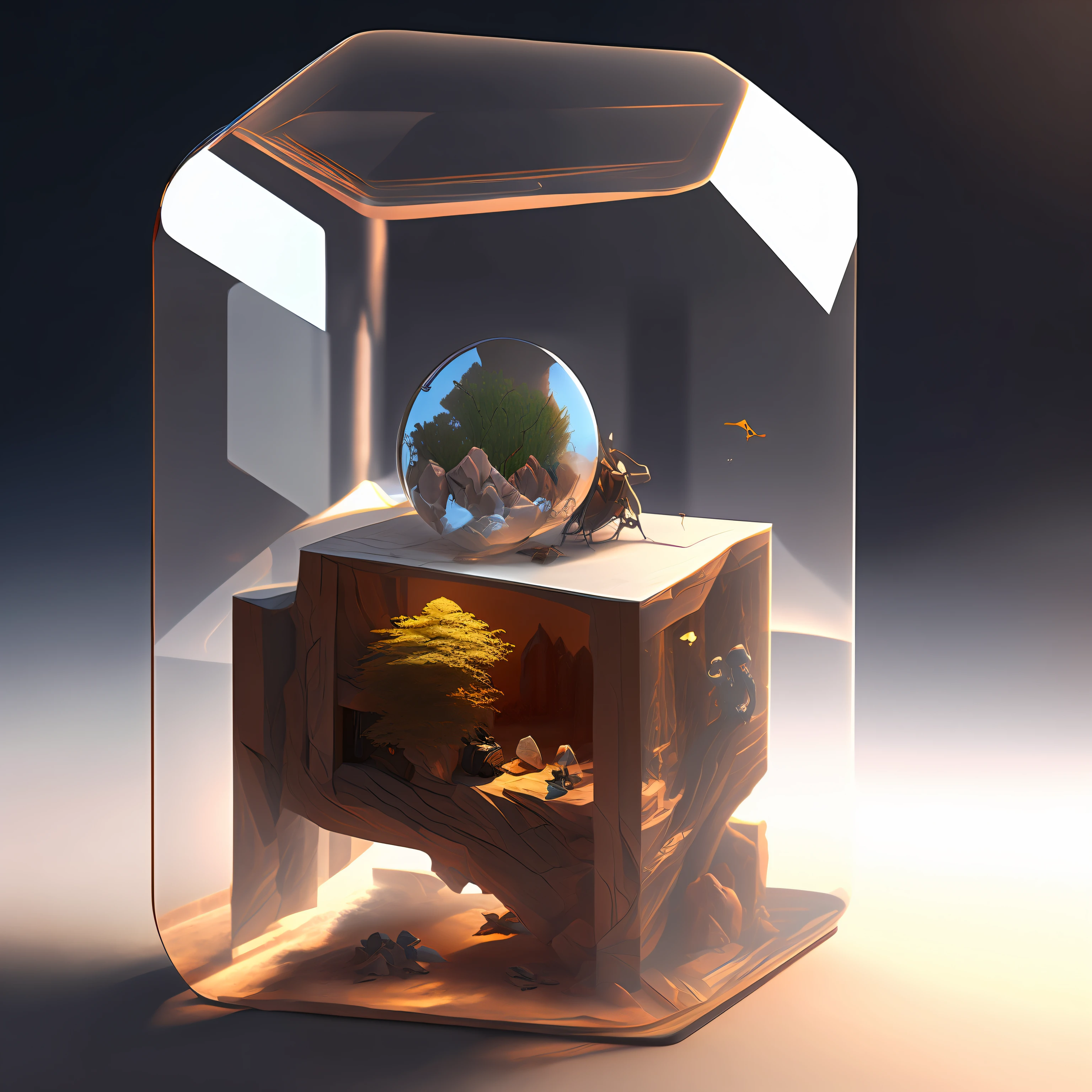 cinematic universe inside of a glass cube, sharp focus, concept art, very detailed, very realistic, trending on artstation, in the style of ALBERT BIERSTADT