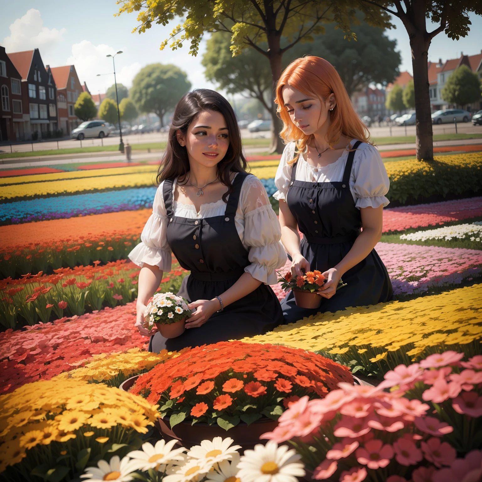 planting colorful flowers, holanda, realistico, pessoas entre elas, alta qualidade