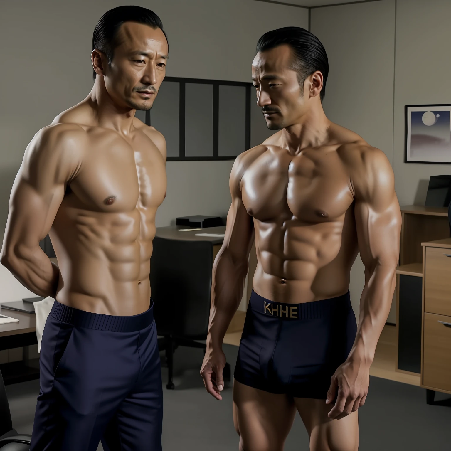 45 yers old,Hidetoshi Nakata,(Kogoro Mouri 1.3),Shirtless,Tong,Bulge,office room,Open V chest clothes,black long socks,Thin,musculature,lbeard,fortitude,artwork of a,tmasterpiece,k hd,Two people standing,hugs