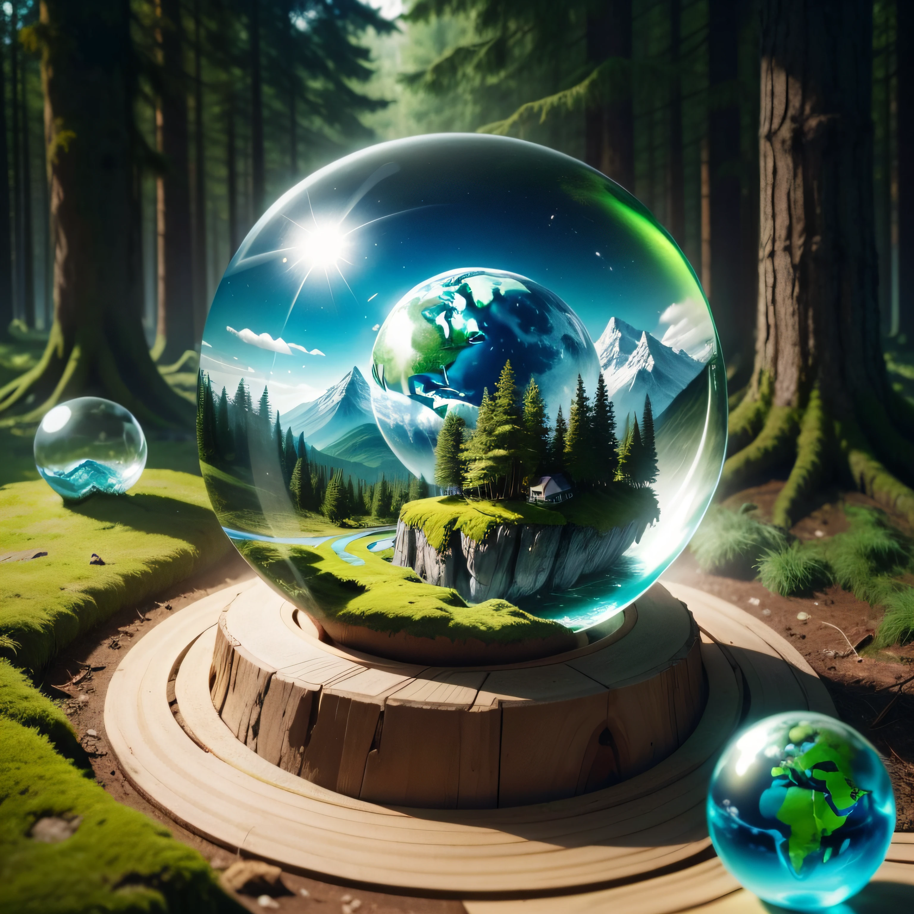 World environment day concept, crystal globe glass, renewable energy, sustainable development goals, environmental protection renewable energy, green business, crystal ball on moss in green forest