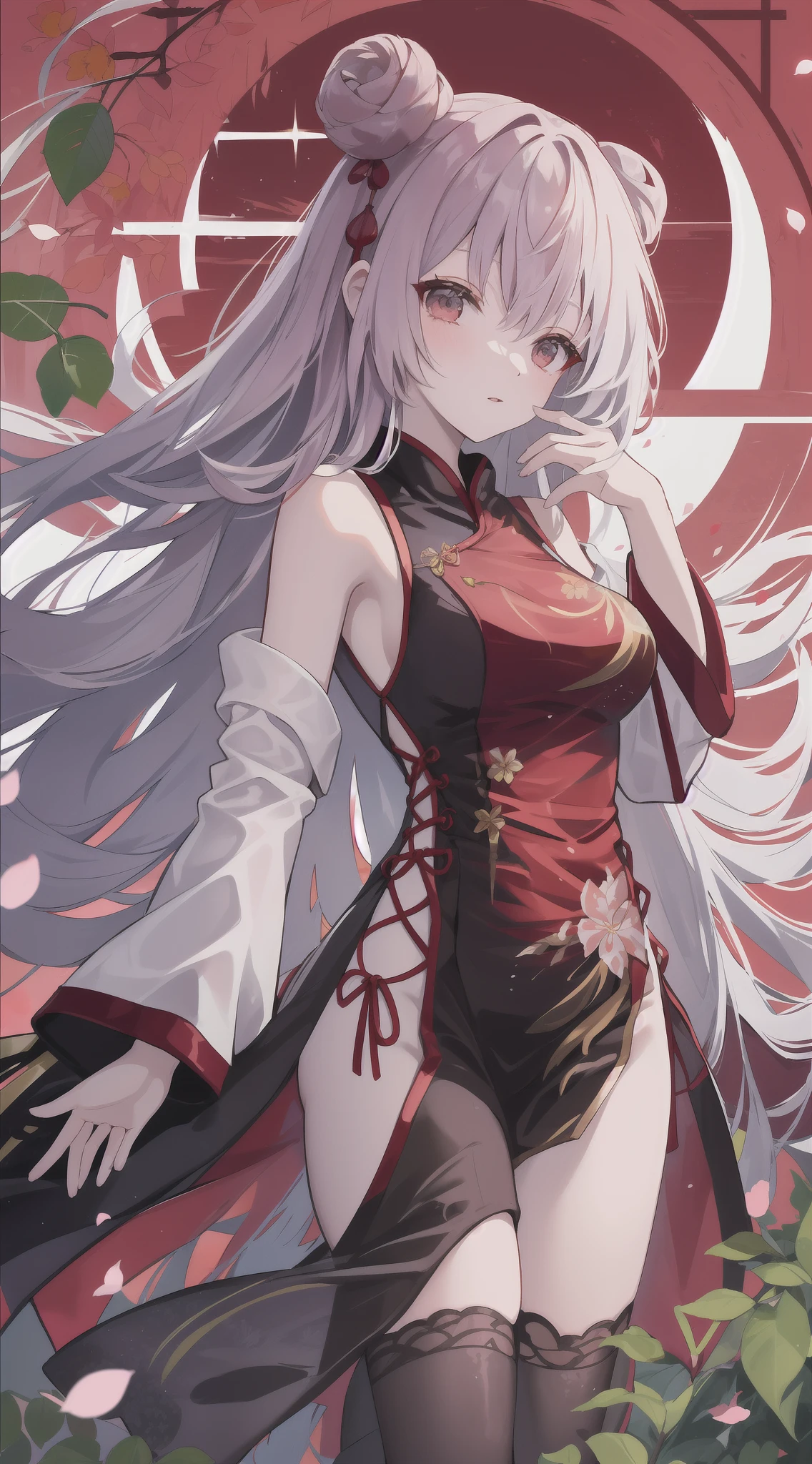 top-quality, Ink painting style, Fresh and elegant, Clear lake, The cherry blossoms fall as the sun sets,White color hair, Black cheongsam golden pattern girl, Ride the flower wind to blow your head, A forest dotted with green leaves, Birds sing happily, A poetic scene