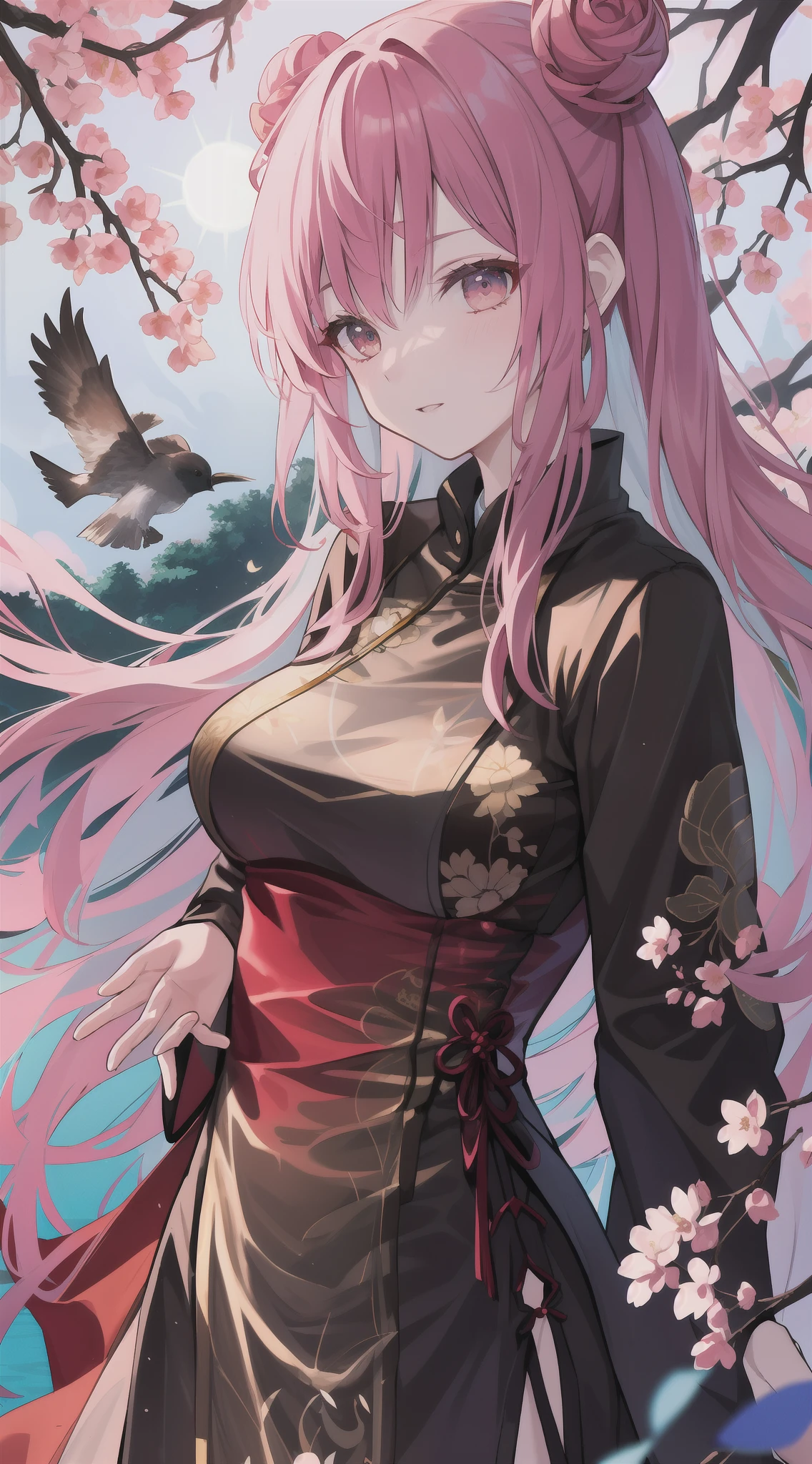 top-quality, Ink painting style, Fresh and elegant, Clear lake, The cherry blossoms fall as the sun sets,White color hair, Black cheongsam golden pattern girl, Ride the flower wind to blow your head, A forest dotted with green leaves, Birds sing happily, A poetic scene