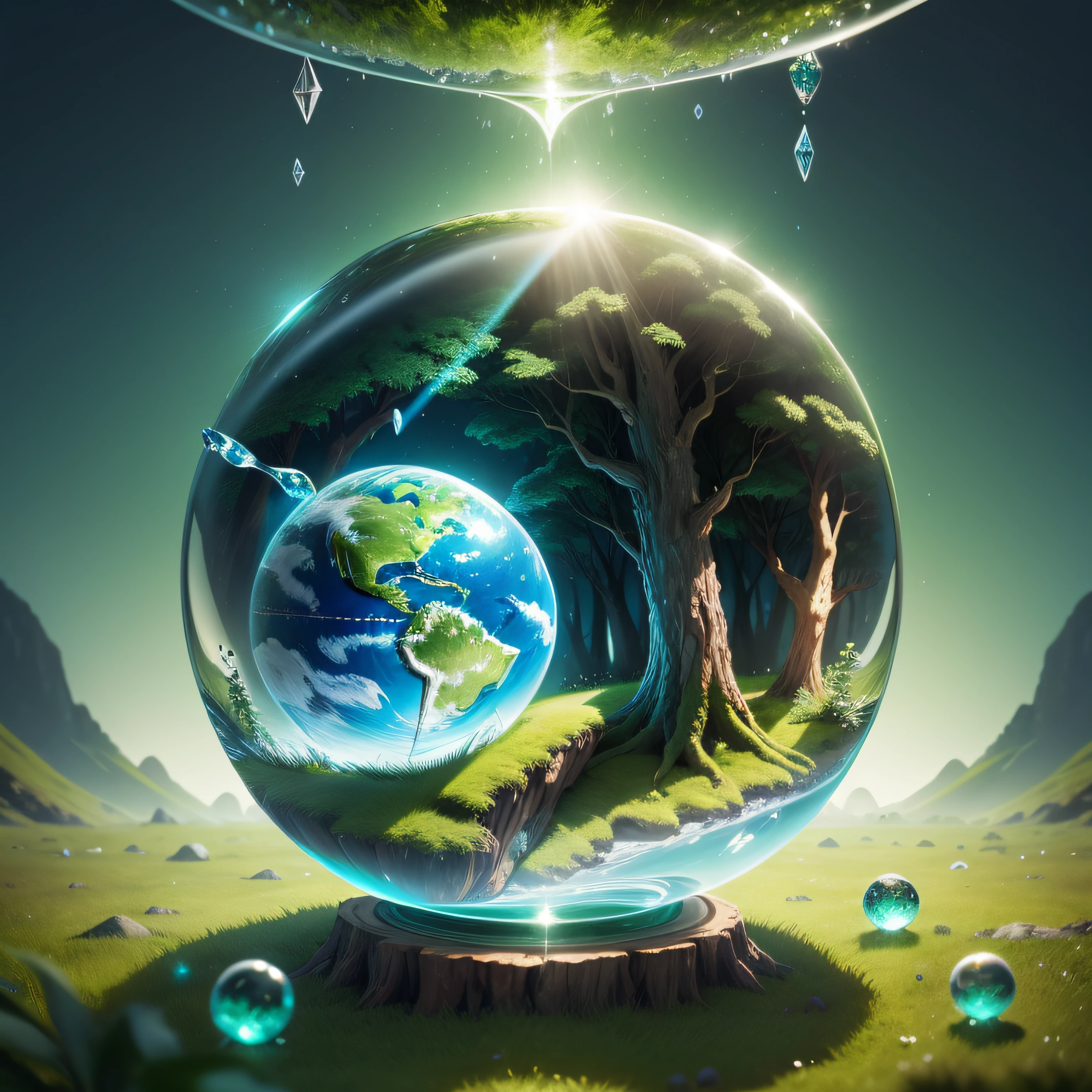 World environment day concept, crystal globe glass, renewable energy, sustainable development goals, environmental protection renewable energy, green business, crystal ball on moss in green forest