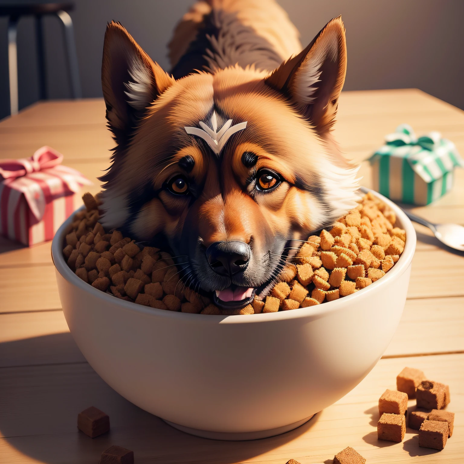 criar um post no Instagram para promover meu pet shop. Use happy German Shepherd with a bowl of feed on the side