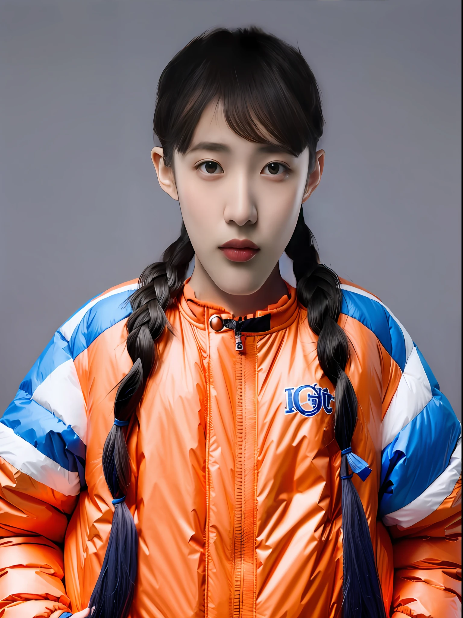 A Chinese high school girl,Wearing a blue down jacket,Plump body shape,long braid