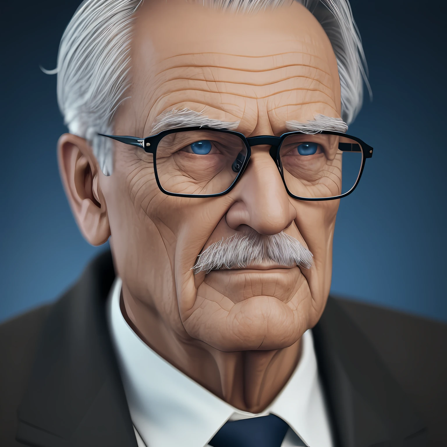 old man with glasses, jacket over all suit, dark background, black, half body hair short blue eyes, ultra realistic, 8k, high definition