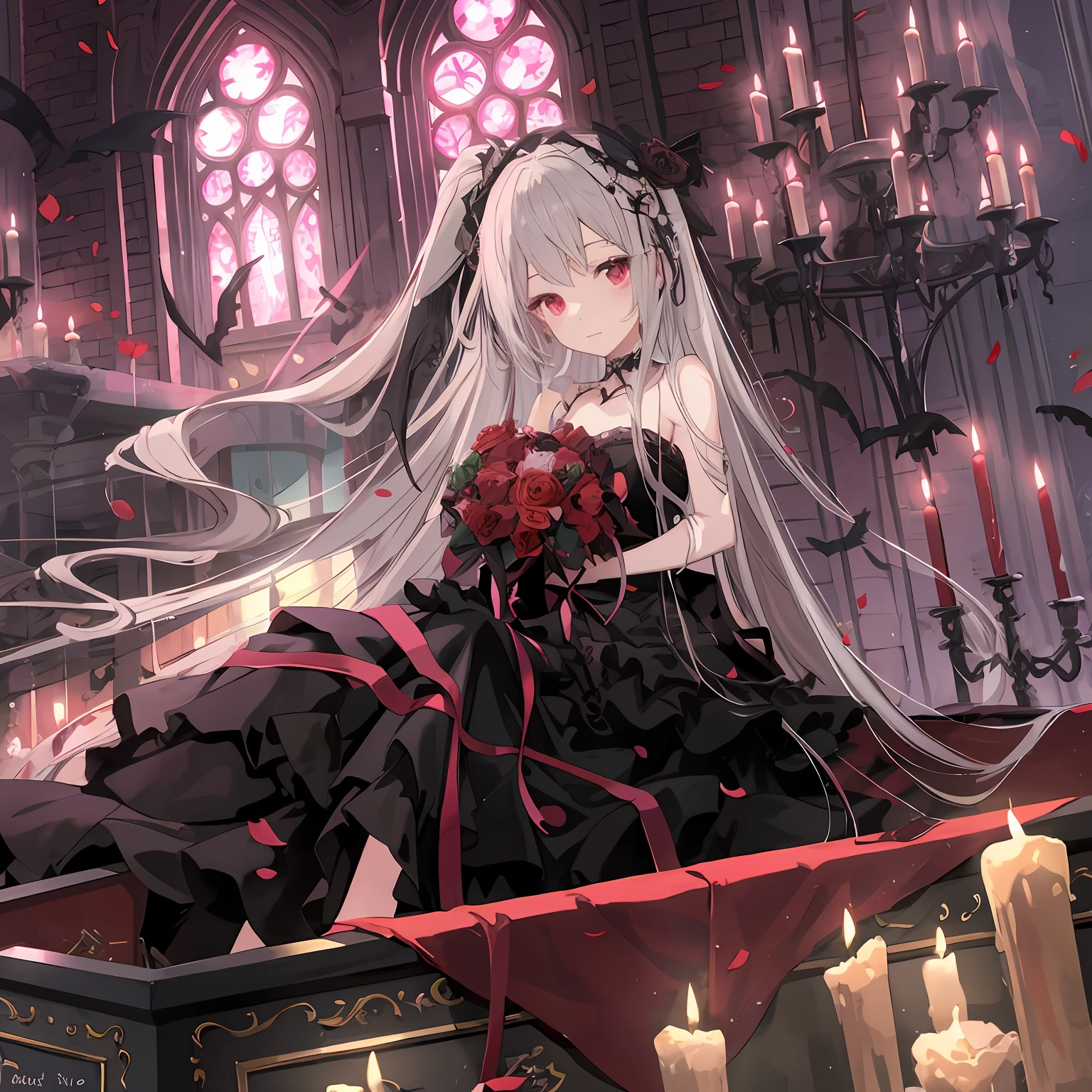 Anime girl sitting on table holding a bouquet of flowers, gothic maiden anime girl, Anime girl wearing black dress, nightcore, Elegant Gothic princess, loli in dress, Guweiz in Pixiv ArtStation, lollipop, Splash art anime Loli, Best anime 4k konachan wallpaper, Detailed key anime art, gothic art style