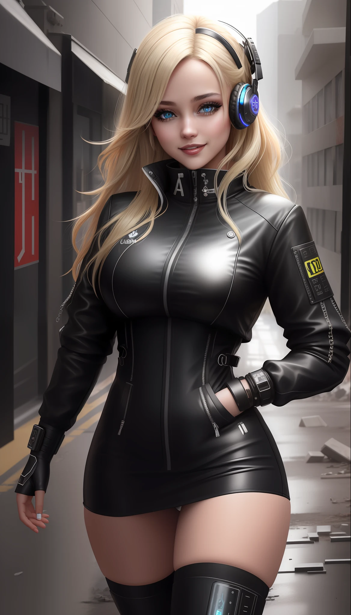 Blonde woman in black leather outfit running in front of destroyed building, deusa linda com lindo sorriso, cyberpunk feminino, roupa de cyberpunk, fantasia negra sedutora de cyberpunk, roupa de cyberpunk, roupa de estilo cyberpunk, vestindo tecnologia e armadura, cabelo entre os olhos, behind-the-head headphones, aqua eyes, maquiagem, Sorriso leve, raios de deus, High detail, gothic art, realismo, UHD, master part