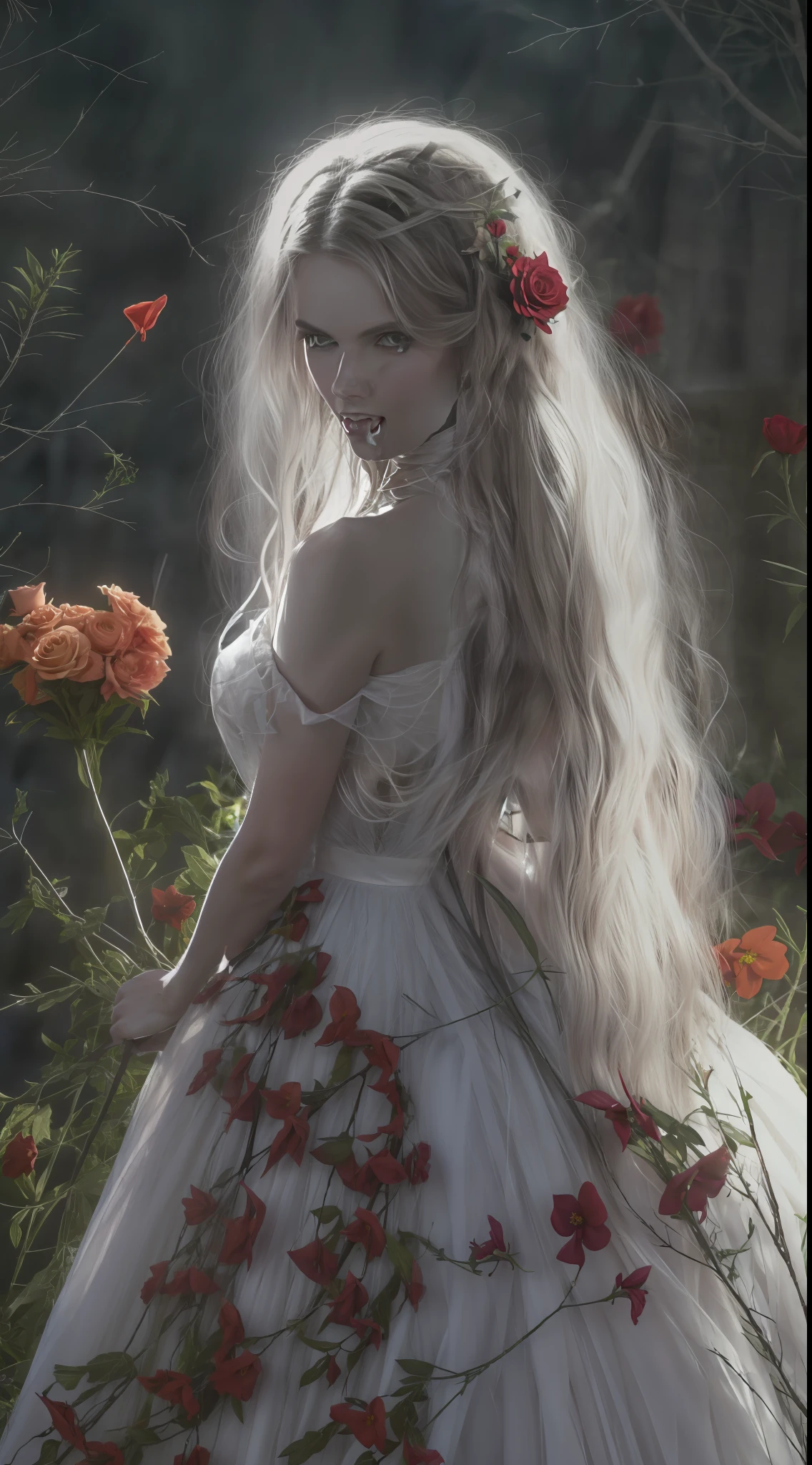 En una fiesta de primavera, A beautiful vampire walks through a garden on a clear night. Ella lleva una guirnalda de flores en su cabello, You have cold eyes and your skin lacks pigment., Ella lleva un largo, Sober dress with heart neckline.