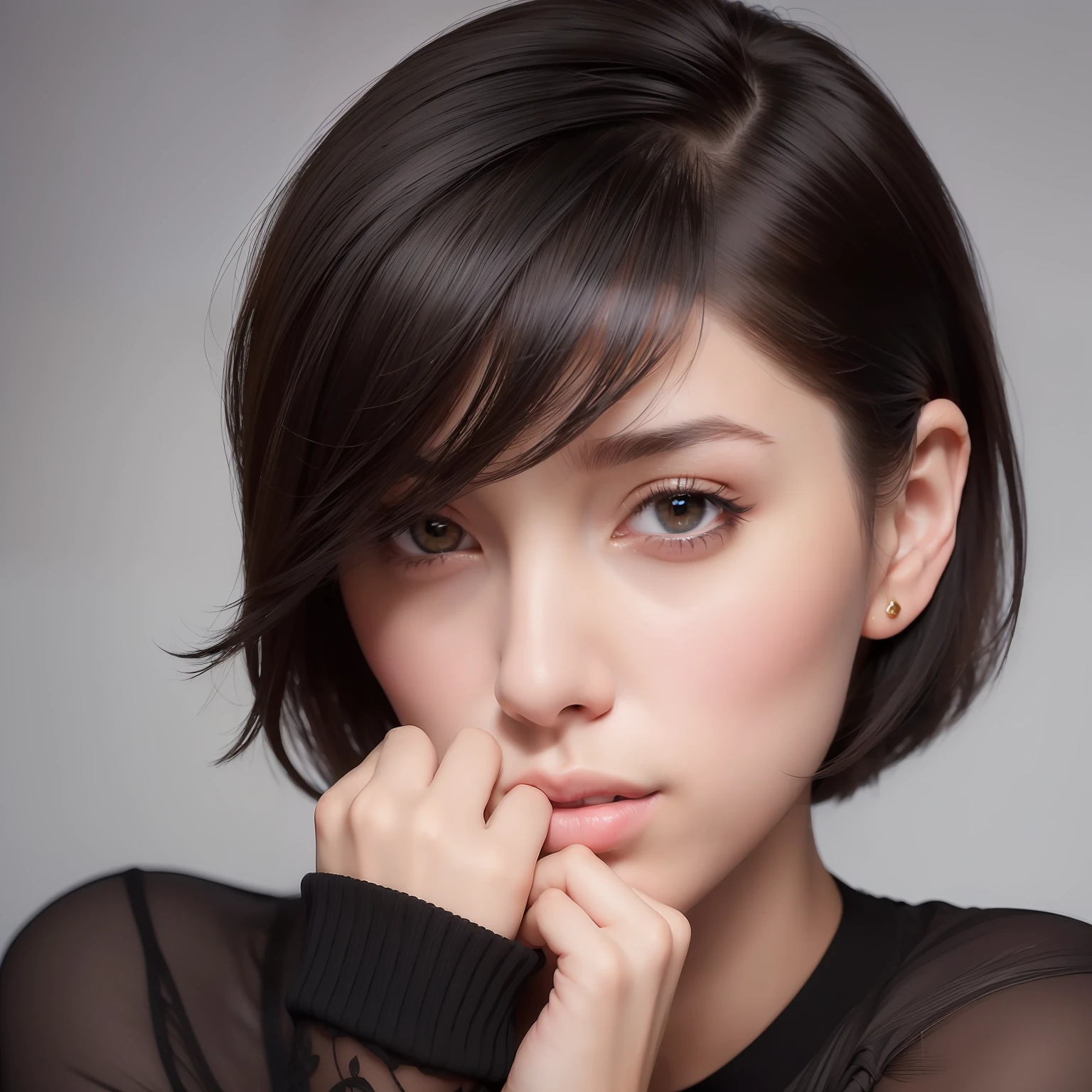 (masterpiece:1.3), (8k, photorealistic, RAW photo, best quality: 1.4), (1girl), beautiful face, (realistic face), (black hair, short hair:1.3), beautiful hairstyle, realistic eyes, beautiful detailed eyes, (realistic skin), beautiful skin, (sweater), absurdres, attractive, ultra high res, ultra realistic, highly detailed, golden ratio
