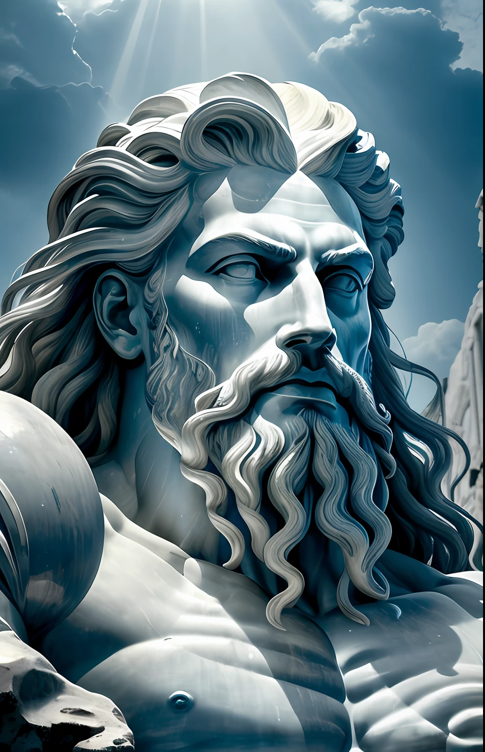 a magnificent and imposing vision of Poseidon, god of the seas in Greek mythology, Greek mythology, history of Greece, fabulous vision, imposing, fantastic realism, intricate details, best image, realism, high definition, masterpiece.