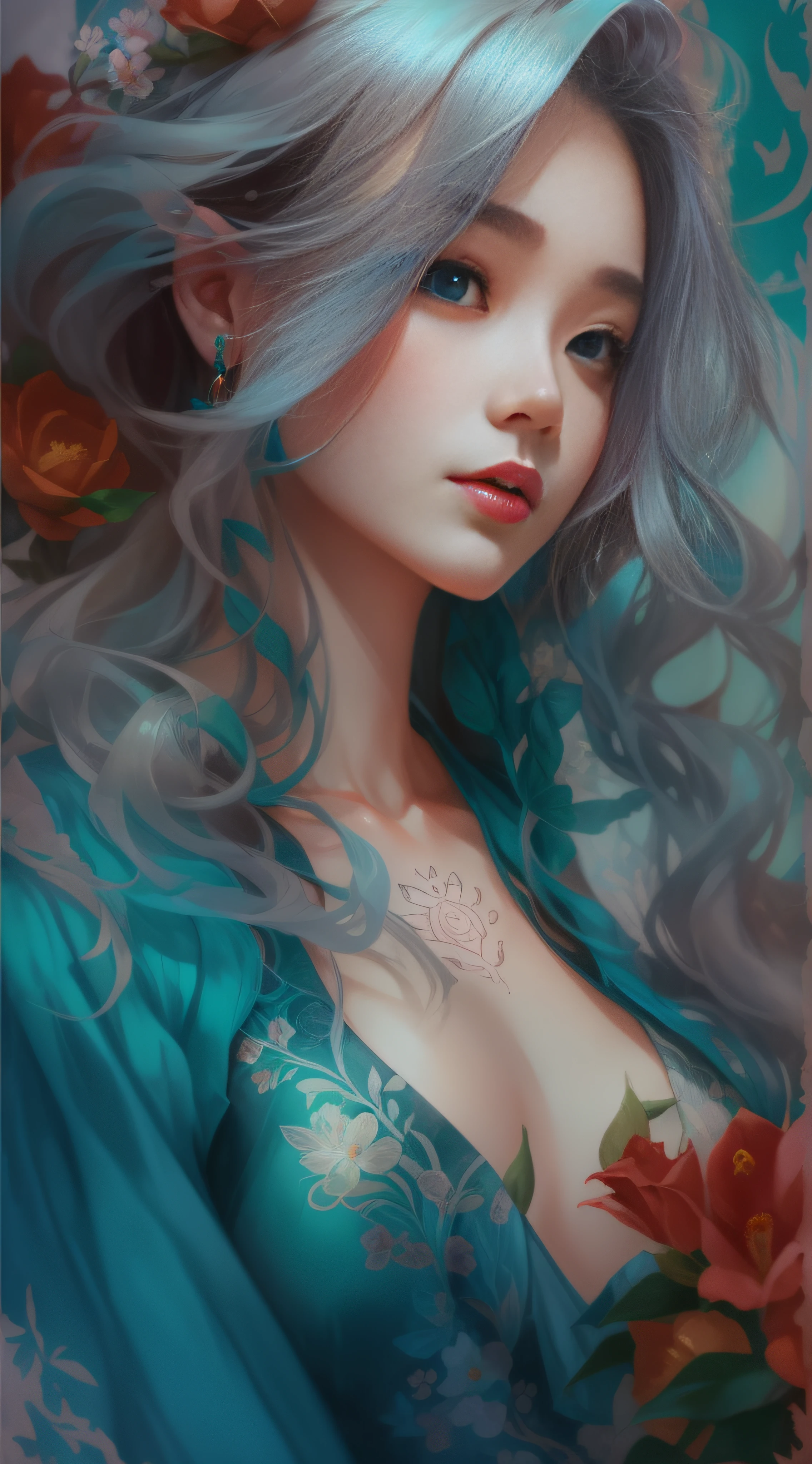A woman in a blue dress and tattooed flowers, in the style of artgerm, Strong gaze, Dark turquoise and deep red, he jiaying, intense close-ups, Based on fantasy, Lelia Slebby