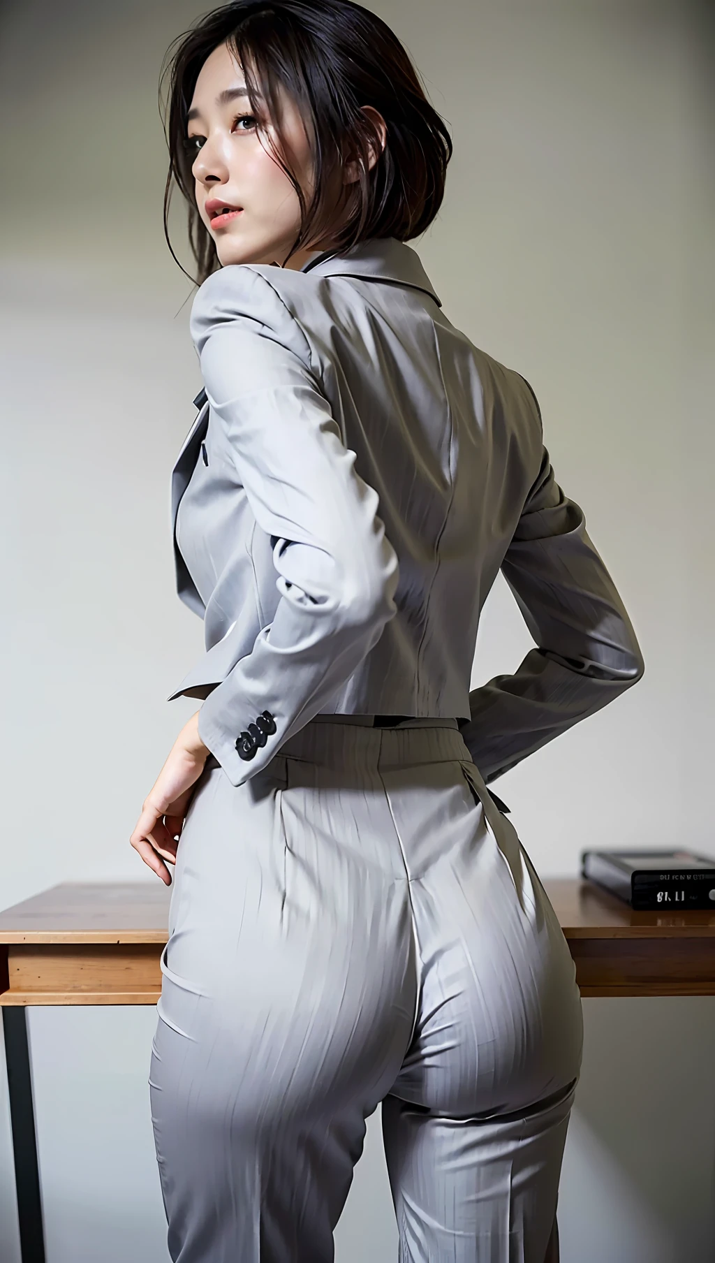 (Best quality, 8k, 32k, Masterpiece, UHD:1.2), 1girl, beautiy Japanese woman, narrow waist, grey suit, white shirt, office lady, suit, pants, from behind, office room, desk, (stick out one's buttocks:1.2), detailed face, short hair,