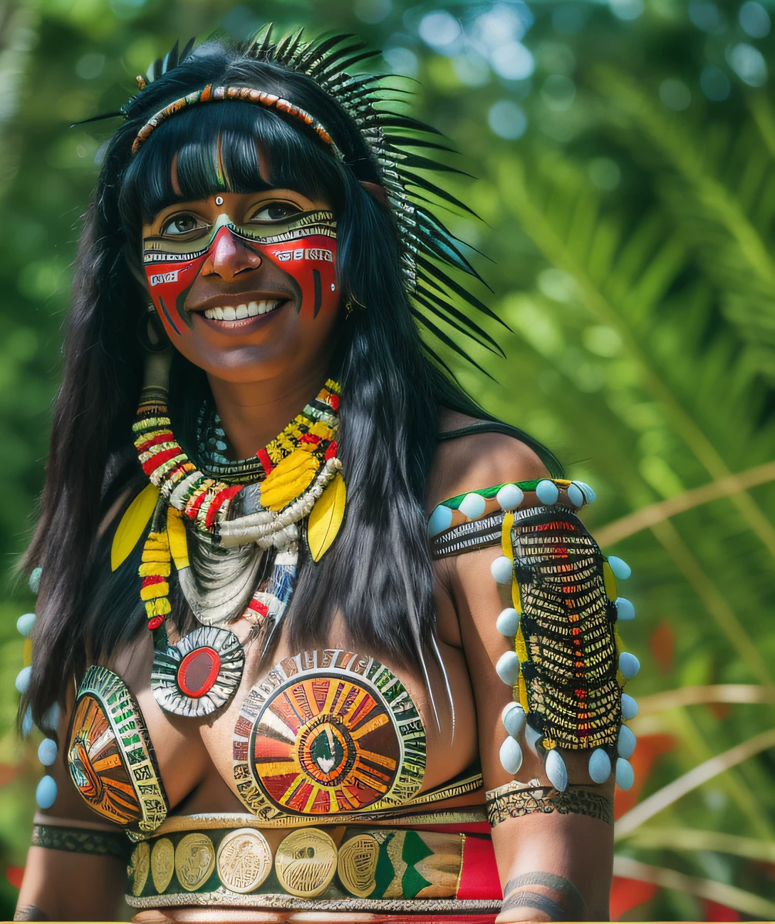 Mulher de Araffe no vestido nativo com penas e contas, amazon indian peoples in brazil, usando armadura tribal, a young female shaman, pintura facial tribal, roupas tribais, aboriginal, Indigenous, she is dressed in shaman clothes, marcas tribais faciais, aboriginal capirote, mulher deslumbrante, tradicional, pinturas tribais do rosto, pintura do rosto do guerreiro vermelho, maquiagem tribal