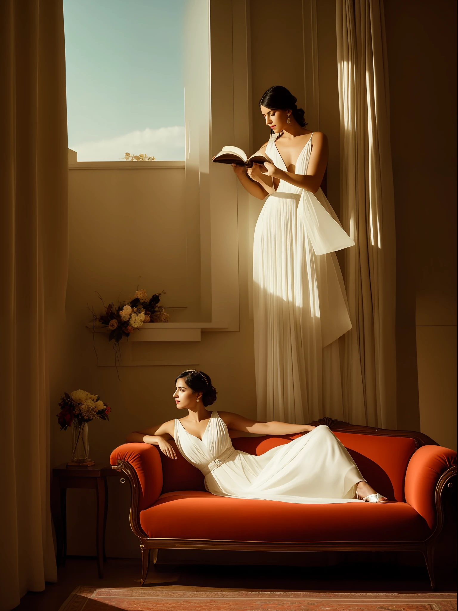 luminacion cinematografica, ultra detallado, vista general de la habitacio Retrato media distancia de mujer joven elegante recostada en un divan, leyendo un libro. elegantee Persona en vestido a medida principio del siglo 20 elegante, todo el ((estilo de la obra art deco ))Luz natural, elntra el sol de la tarde por una ventana, jarron con flores, obras de arte, otro mobiliario Altamente detallado, Pintura digital, Artstation, Arte conceptual, Suave, foco nítido, illustration, Arte por WLOP, Mars Ravelo y Greg Rutkowski (Piel alta y detallada:1.2), 8k UHD, DSLR, Soft lighting, alta calidad, Film grain, Fujifilm XT3 mix4 Wildstyle RAW foto,