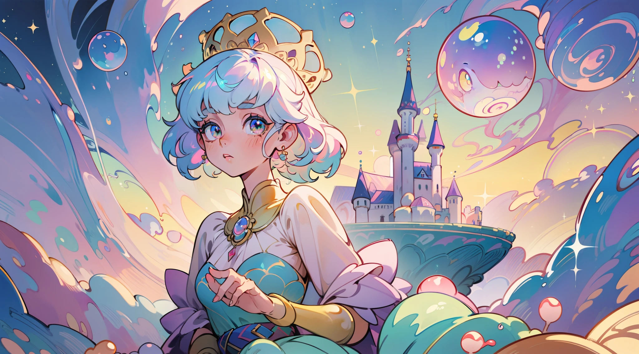masterpiece, best quality, 8k resolution, sharp focus, intricate detail, beautiful girl, sparkling eyes, golden ratio face, otherworldly liquid, watercolor, ((pastel colors)), bright colors, whimsical, colorful, sharp focus, high resolution, fine detail, princess fantasy ballgown, ((round eyes)), iridescent bubbles, castle landscape in background