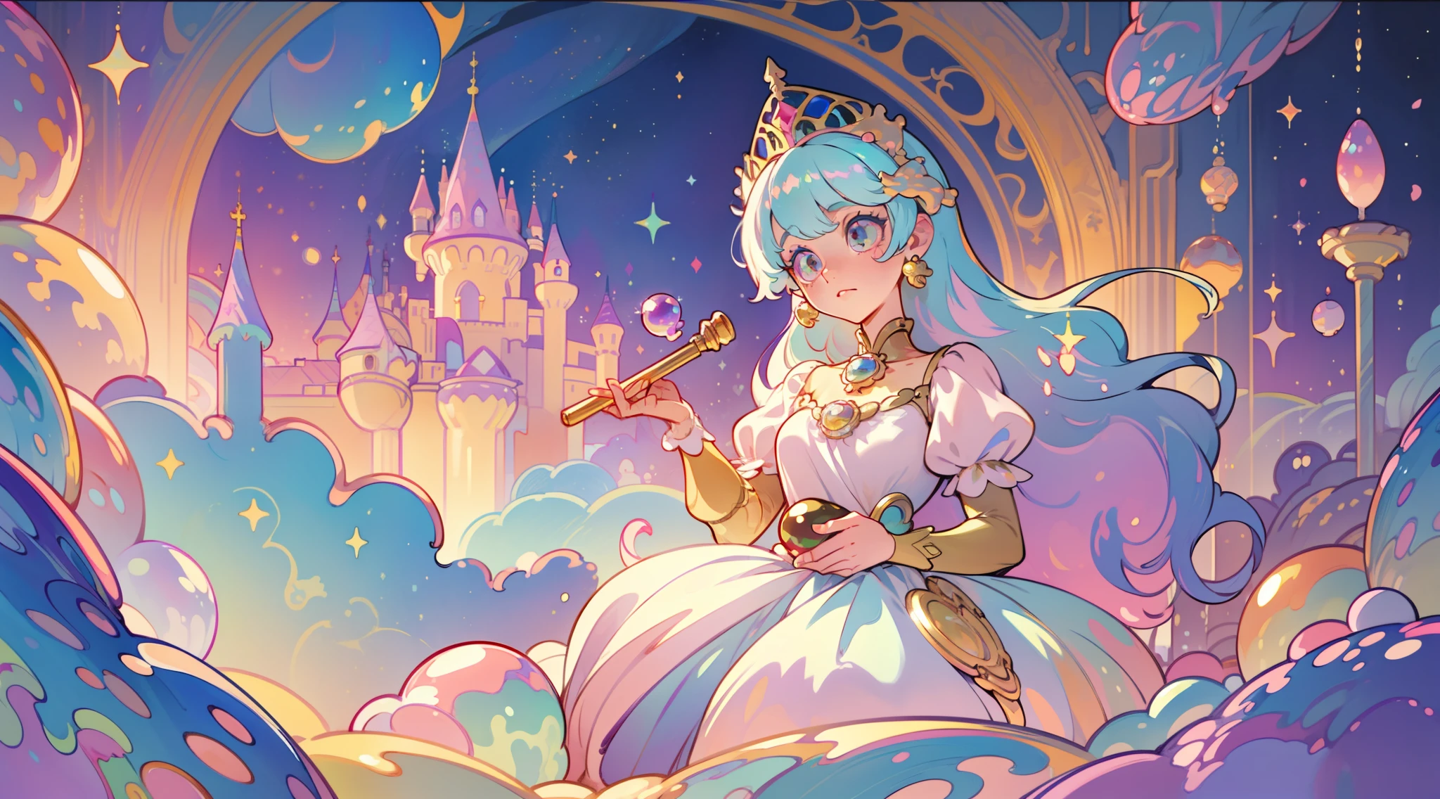 masterpiece, best quality, 8k resolution, sharp focus, intricate detail, beautiful girl, sparkling eyes, golden ratio face, otherworldly liquid, watercolor, ((pastel colors)), bright colors, whimsical, colorful, sharp focus, high resolution, fine detail, princess fantasy ballgown, ((round eyes)), iridescent bubbles, castle landscape in background