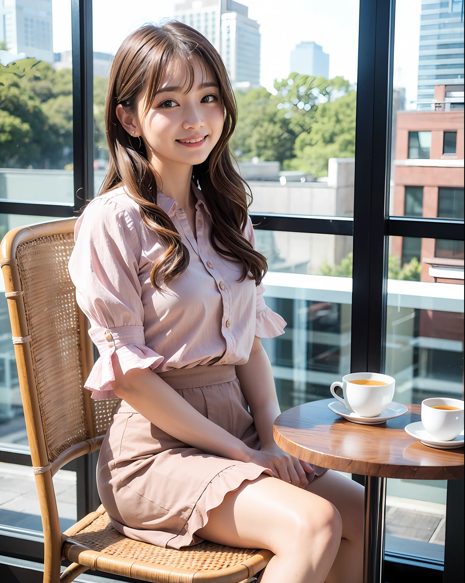top-quality、facefocus、Soft light、(depth of fields)、超A high resolution、(Photorealsitic:1.4)、Raw photography、(day light、Daytime:1.2)、(portlate:1.4)、(The background is a stylish cityscape)、(Pose for drinking tea alone in a café)、((1日本人の女の子)),20yr old, ((独奏)), cute little, kawaii, ((a small face)),(full of shyness, A smile:1.1), (Brown-eyed), Natural face, (bobhair,Loosely curled hair 1.4),、Romper、(Pale pink shirt with ruffles、Denim skirt)、(Looking at the camera)、(Cross your legs and sit on a chair by the window of a café)、(Photo above the thigh)