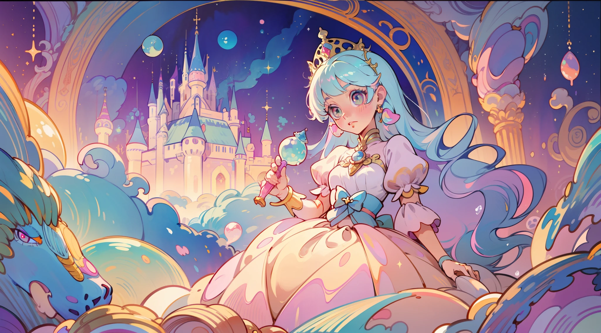 masterpiece, best quality, 8k resolution, sharp focus, intricate detail, beautiful girl, sparkling eyes, golden ratio face, otherworldly liquid, watercolor, ((pastel colors)), bright colors, whimsical, colorful, sharp focus, high resolution, fine detail, princess fantasy ballgown, ((round eyes)), iridescent bubbles, castle landscape in background
