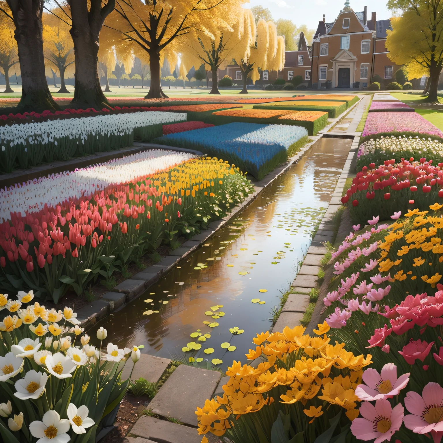 Imagine um campo de flores mistas na Holanda, with a variety of colorful and lush species. Tulipas, jacintos, narcisos e outras flores se misturam em um verdadeiro jardim de cores, criando uma imagem deslumbrante que celebra a beleza da natureza e o amor pelos campos floridos holandeses.