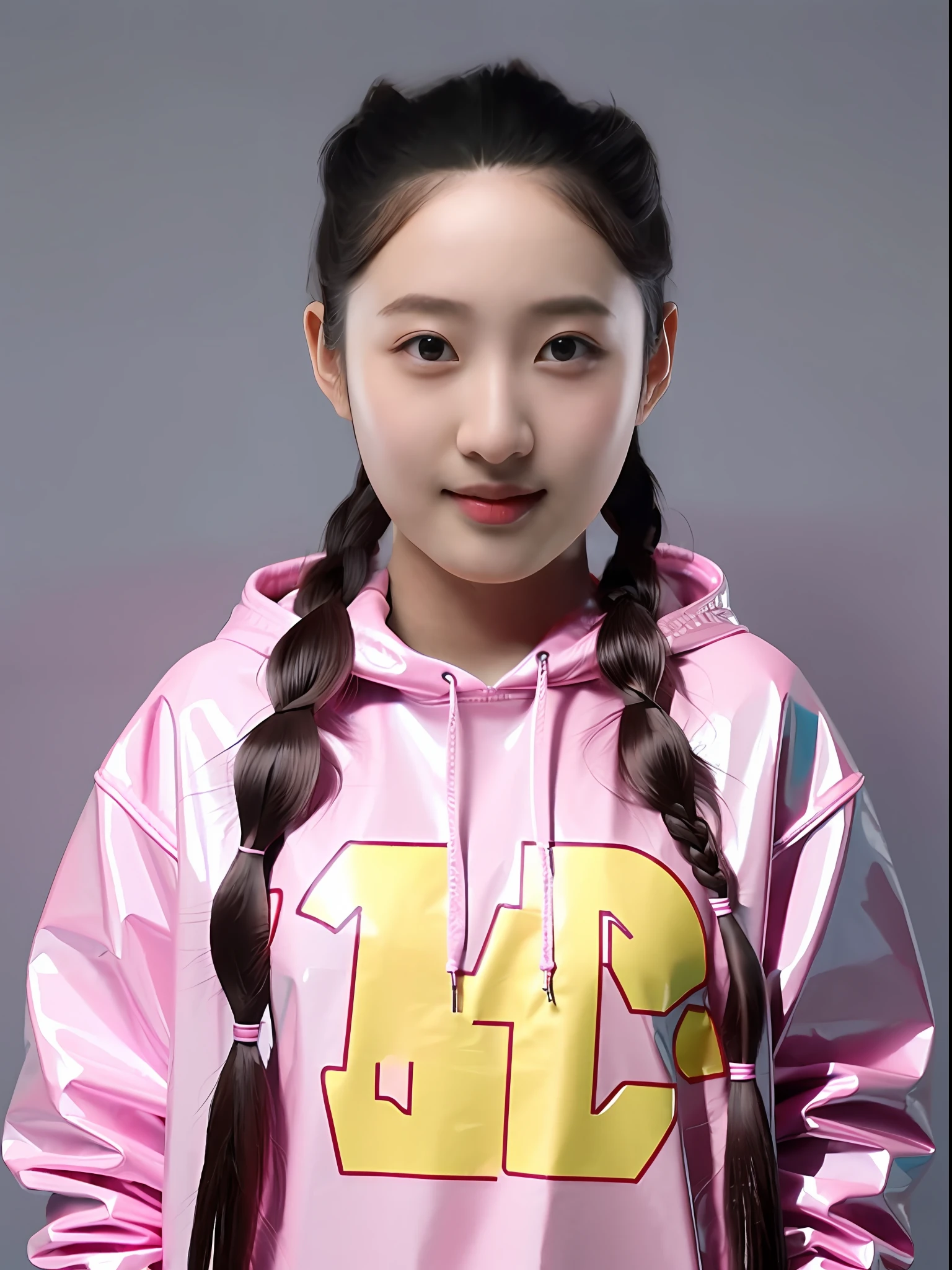 A Chinese high school girl,Wear a pink PVC sweatshirt,Plump body shape,long braid