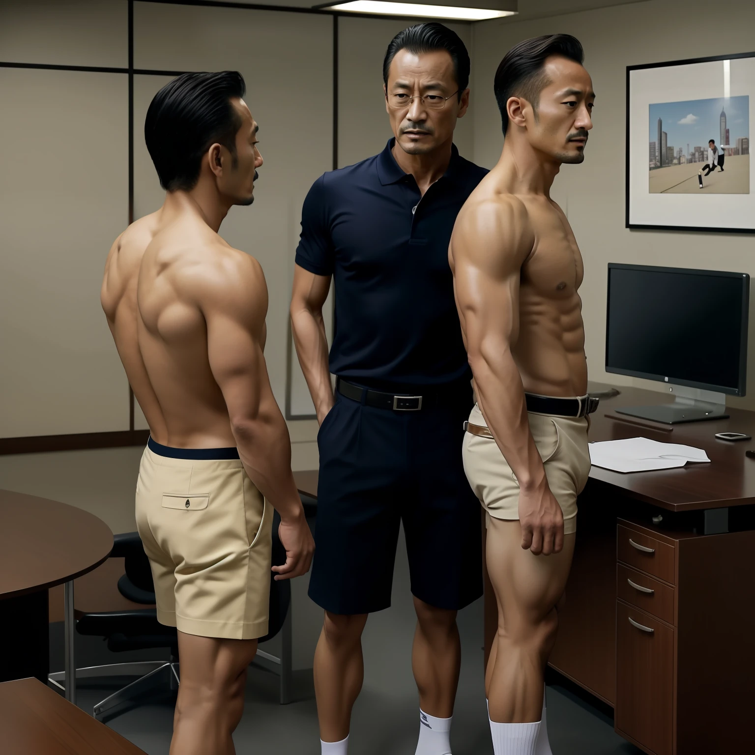 45 yers old,Hidetoshi Nakata,(Kogoro Mouri 1.3),Shirtless,Tong,Bulge,office room,Wearing a polo shirt,black long socks,Thin,musculature,lbeard,fortitude,artwork of a,tmasterpiece,k hd,Two people standing,rear-shot