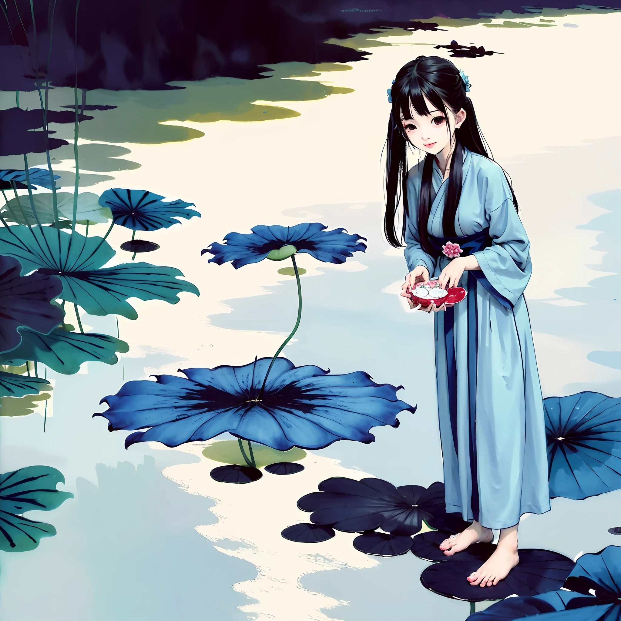 ((4k,masterpiece,best quality)), shuimobysim, traditional chinese ink painting, lotus, hanfu, maxiskit, dress conservatively
1girl, solo, long blue hair, smile, standing, feet in the water, barefoot,