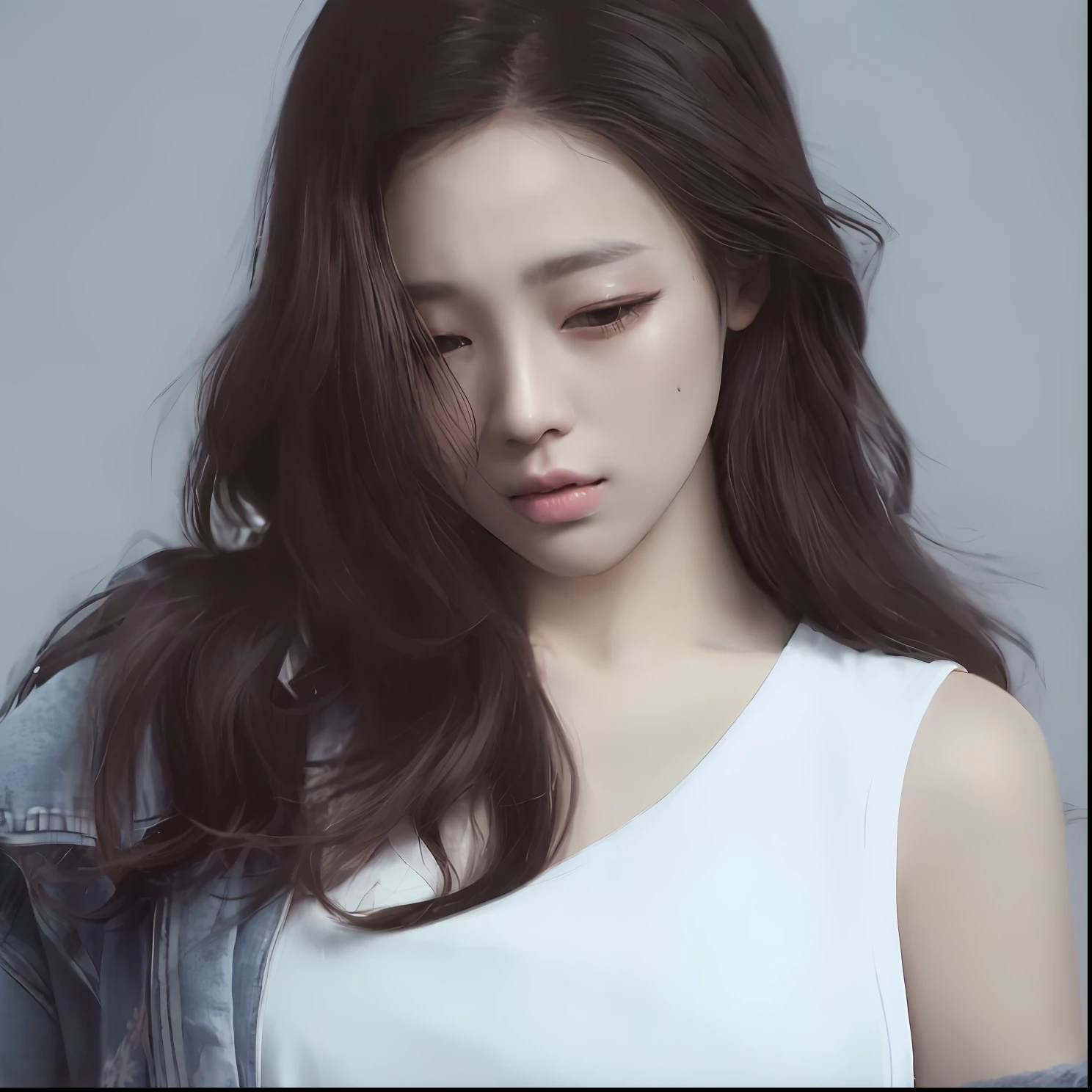 A woman with long hair in a white shirt and denim jacket, beautiful Korean women, Gorgeous young Korean woman, blackpink jennie, Beautiful young Korean woman, krystal, Korean girl, cute korean actress, jisoo of blackpink, portrait jisoo blackpink, portrait of female korean idol, jisoo from blackpink, park jimin, Choi Hyun-hwa, author:Tang Xianyun Sundara