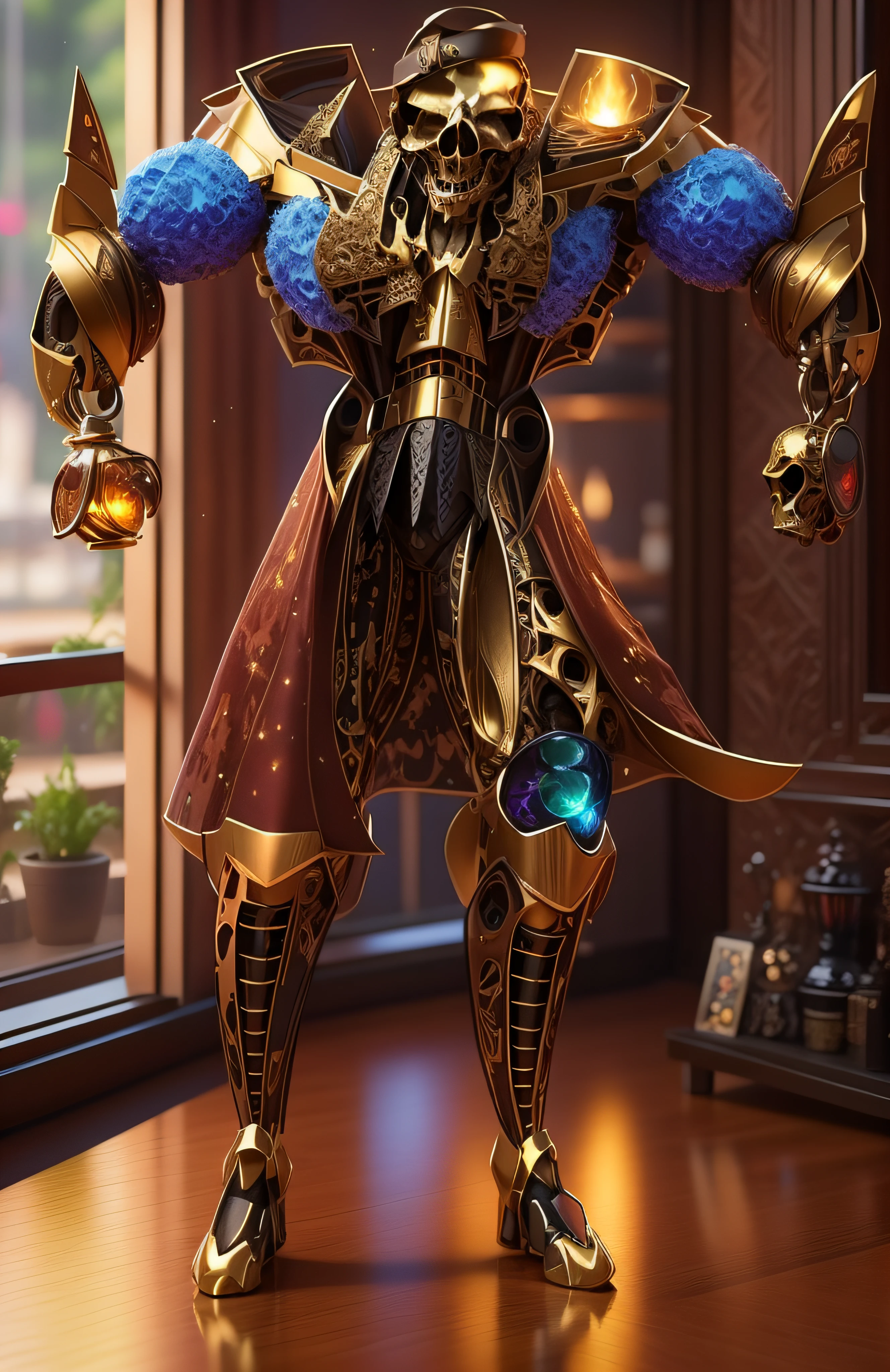 The sinister depiction of a skull-themed pirta, alaranjado luminoso e bege com dourado, pele feita de neon amarelo, 3D-rendering, Hyper-realistic graphics, 3D-rendering, 8k, NVIDIA, RTX 4090 | | | | | | | | | | | | | | | |, ray tracing, Bokeh, Galaxy scenery,