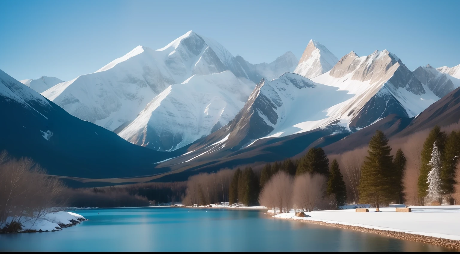 white background, scenery, ink, mountains, water, trees