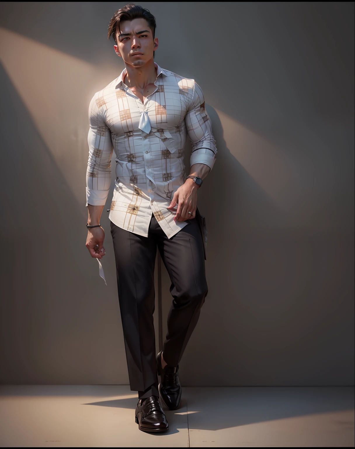 1man, 
a 22 y.o muscular male wearing long-sleeve white shirt and tie, wearing leather shoes,  full body, 
soft lighting, 
masterpiece, best quality, 8k uhd, dslr, film grain, Fujifilm XT3 photorealistic painting art by midjourney and greg rutkowski