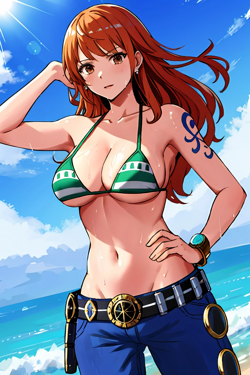 detailed background, masterpiece, 4k, epic, best quality, late youth, adult, wrestler body, 1girl, active, energic, uppercut, (large mouth) , solo, nami \(one piece\), 1girl, bangle, (very wet, drenched in sweat, sweat all over body, very wet hair, tired, taking breath, open mouth, exhausted, shouting, sweaty face, sweaty body, sweating too much, shiny sweat, leaning, hands on hips, serious, glaring, open eyes, perfect detailed face, round face, sweaty face) bold drawing lines, muscular arms, detailed bold arm lines, flat jaw, adult woman, wavy wide streaked bangs, floating bang, (big cheeks), bare shoulders, off-shoulders, belt, bikini, bikini top only, blue sky, bracelet, springy breasts, breast lines, big round eyes, very big brown shiny eyes, bubbles, high eye position, cleavage, cloud, day, denim, earrings, floating hair, shiny hair, green belt, green bikini, bold groin lines, jeans, jewelry, medium breasts, log pose, long hair, looking at viewer, big navel, wet hair, orange hair, pants, shoulder tattoo, sidelocks, sky, solo, standing, stomach, swimsuit, tattoo , looking at viewer, open mouth, detailed left arm, big forehead, hourglass figure, small head, toned body, wide hair, wind effect, sun effect, under the sun, narrow small ears angle, older, random poses,