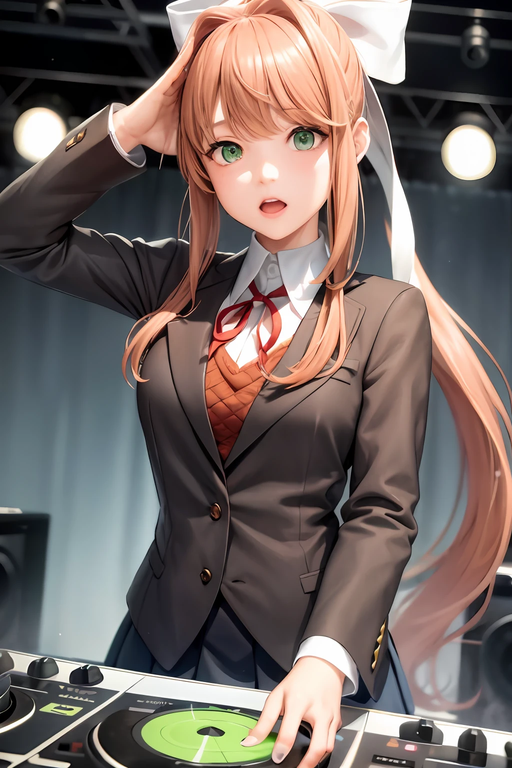 "A solo shot featuring monika, school uniform , green eyes, brown hair, very long hair, ponytail, hair ribbon, white ribbon, a DJ, showcasing her skills on the turntables at a vibrant rave."